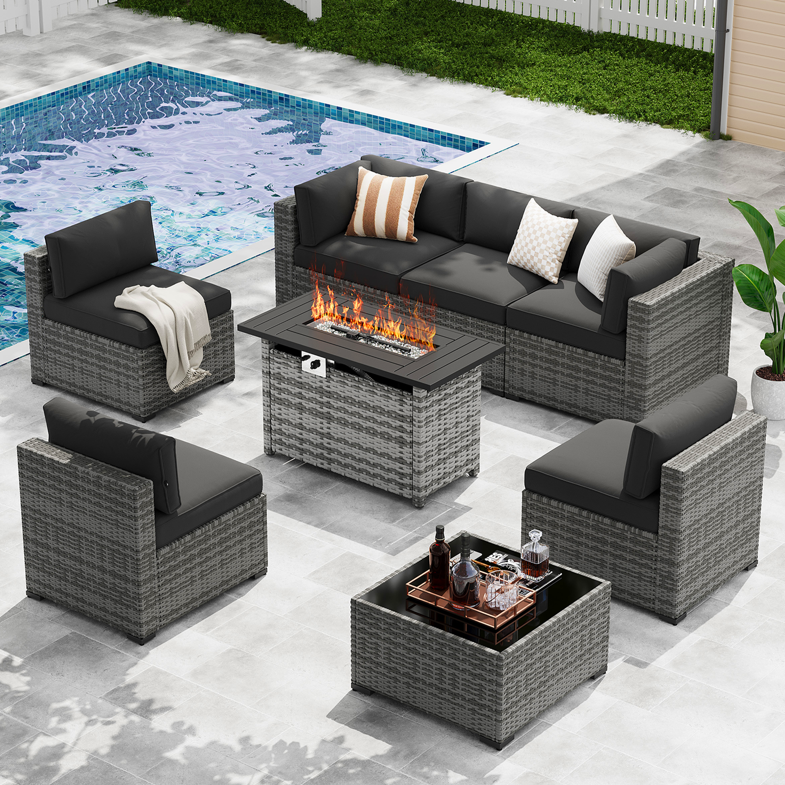 LazySunsets 7-Piece Patio Furniture Set, Wicker Rattan Outdoor Furniture with Thick Cushions, Patio Conversation Sets with Coffee Table, Outdoor Sectional Couch Sofa