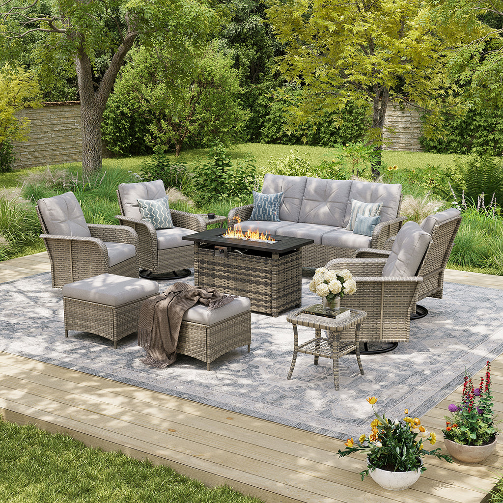 Aoxun Luxury 12-Piece Patio Furniture Set with 44'' Fire Pit Table, 360° Swivel Chairs, Wicker Rattan Sofa & Thick Cushions, Outdoor Conversation Set for Backyard, Poolside & Garden, Beige/Gray
