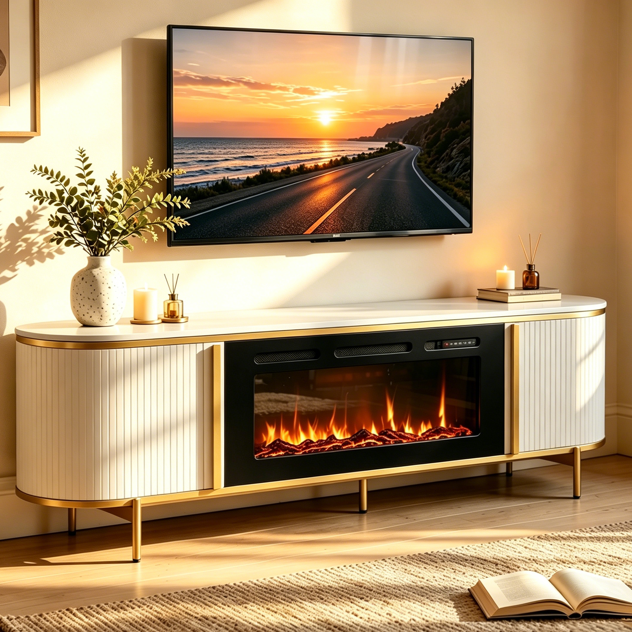 70" Fluted Fireplace TV Stand, Modern Entertainment Center for TVs Up to 80”, Farmhouse White TV Console for Living Room, White TV Stand and Black Fireplace