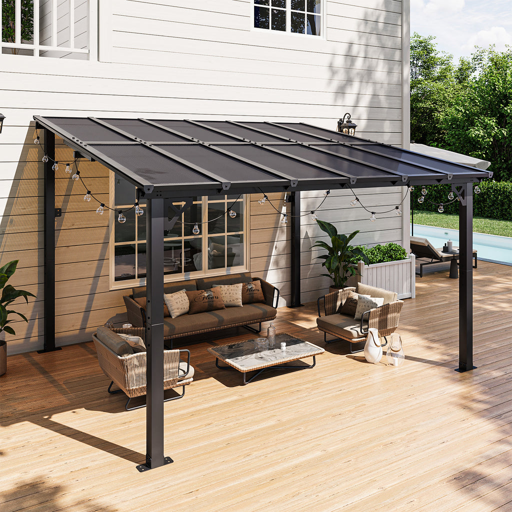 Binplax 12x10 Lean to Gazebo with Polycarbonate Panel Wall Mounted Gazebo with Aluminum Top Frame Awing for Patio, Deck, Garden