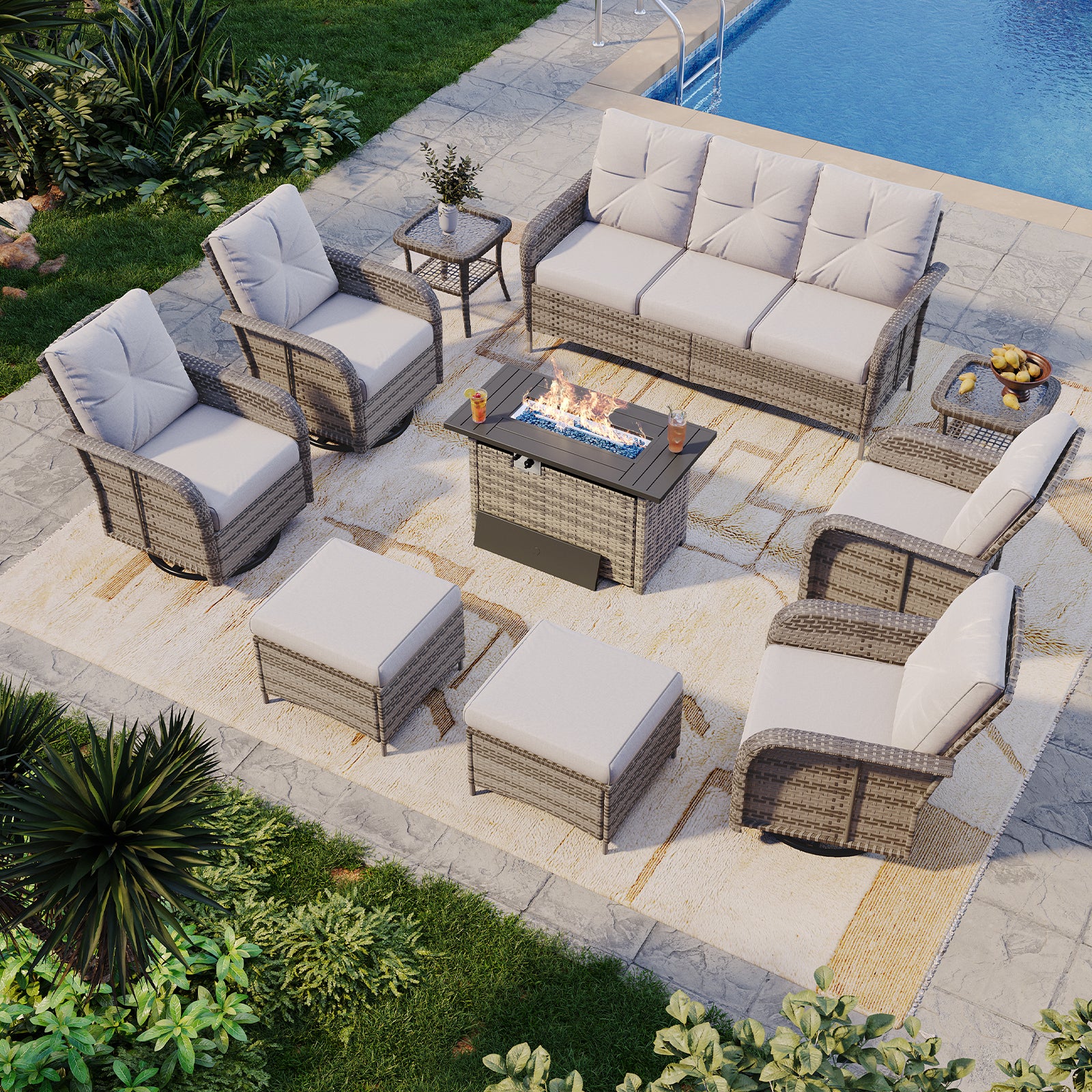 Aoxun Patio Furniture Set, Wicker Rattan Outdoor Sectional Sofa with High Back Swivel Rocker Chairs, Outdoor Patio Furniture Set