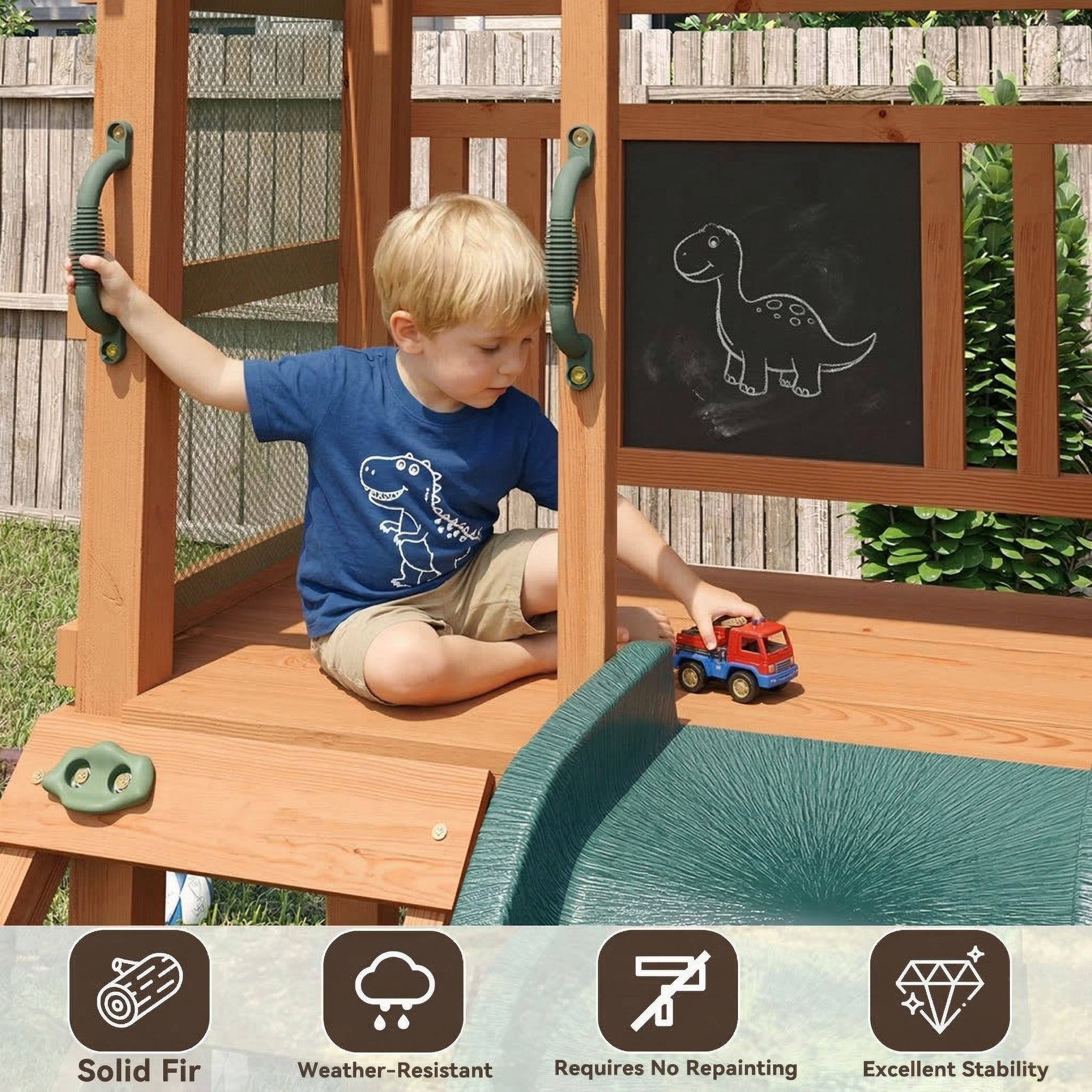 Wooden Swing Sets for Backyard - Playground Sets for Backyards, Kids Outdoor Playset with 6 FT Wave Slide, Play Deck, Rock Wall Ladder, 2 Belt Swings, Chalkboard, Canopy Roof, Green