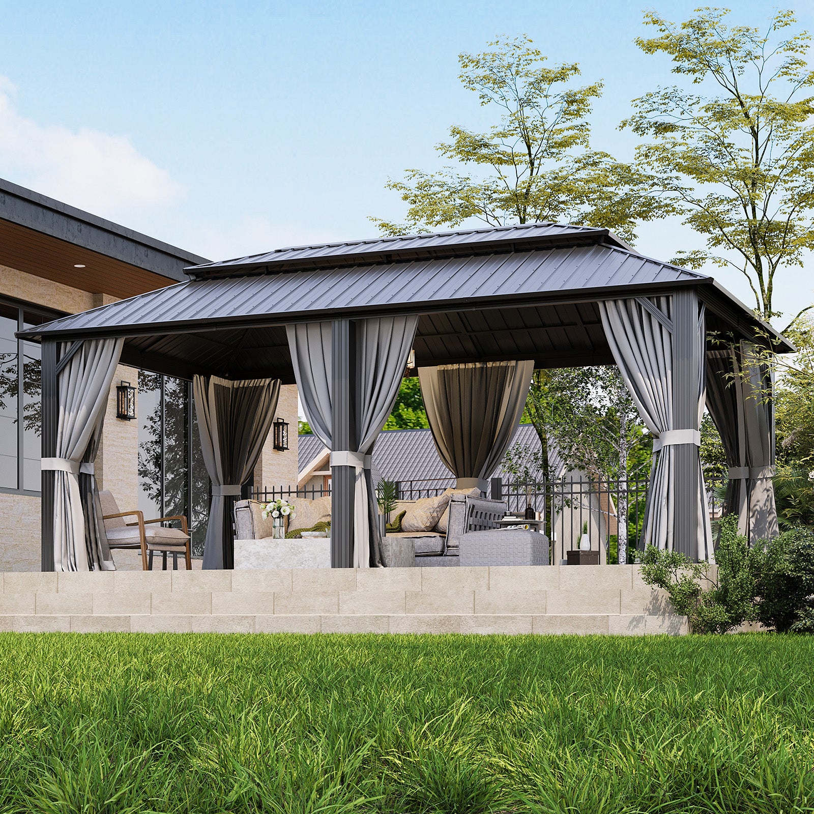 Breezestival Hardtop Gazebo, Metal Frame with Double Galvanized Steel Roof, Permanent Outdoor Pergola with Curtains and Netting Included for Backyard, Patio, Lawn and Garden