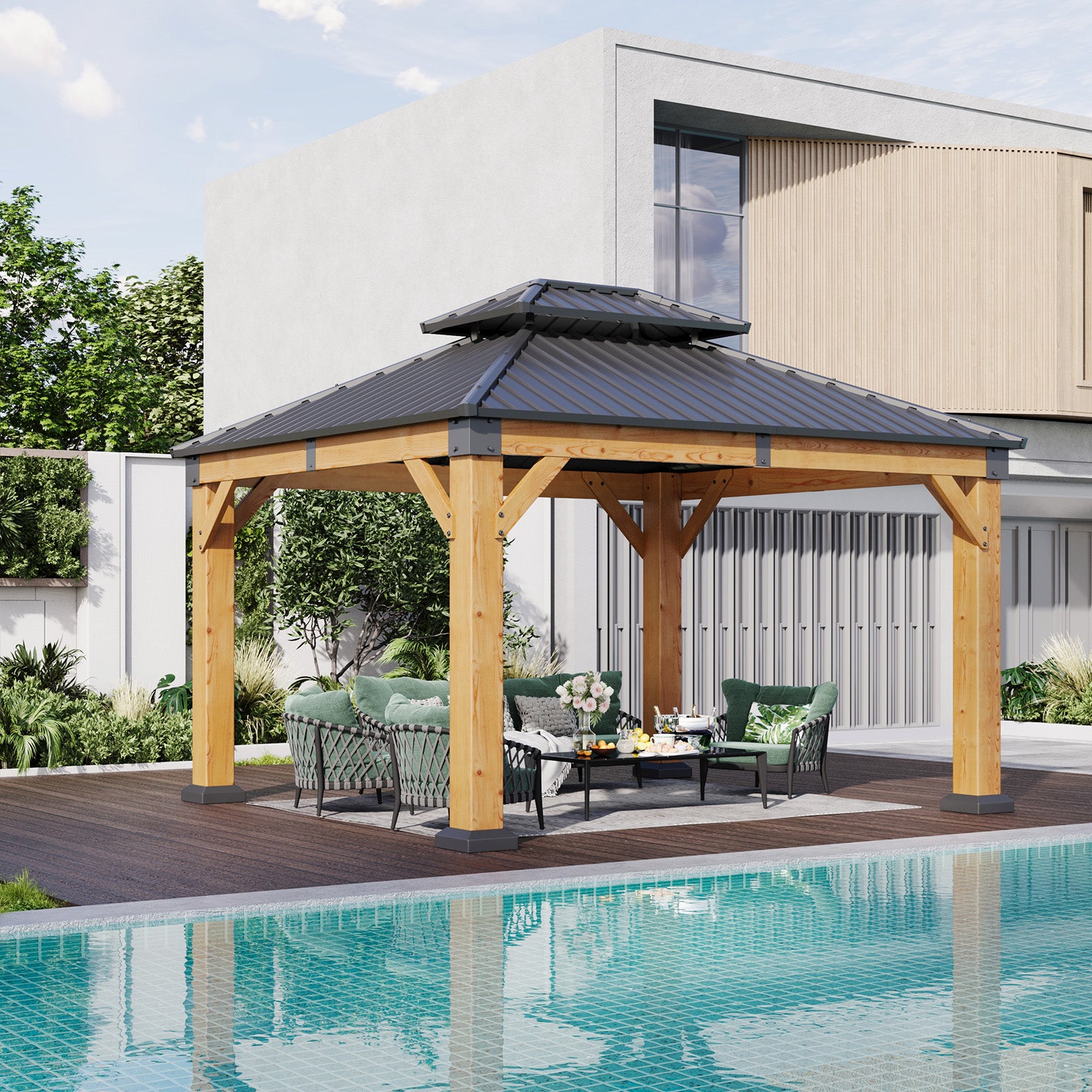 Aoxun 10' x 12' Outdoor Wood Gazebo with Double Polycarbonate Top, Hardtop Gazebo Permanent Wooden Pavilion with Breathable Netting and Privacy Curtain for Patio, Garden, Deck, Cedar Wood, Natural