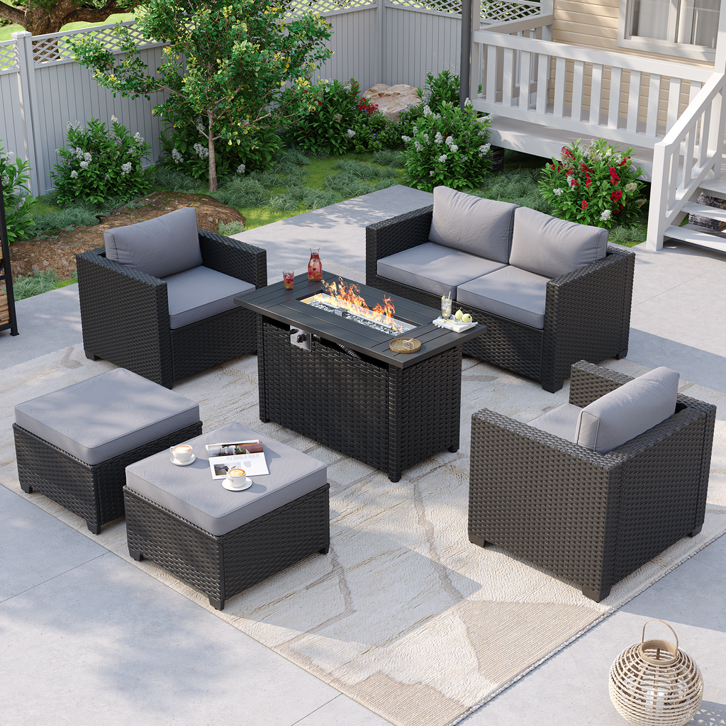 Aoxun Patio Furniture Set with Fire Pit Table, 6 Seats Outdoor Furniture Set with Wicker Ottomans, Rattan Outdoor Sectional Sofa with Thickened Cushion & Waterproof Cover Navy Blue