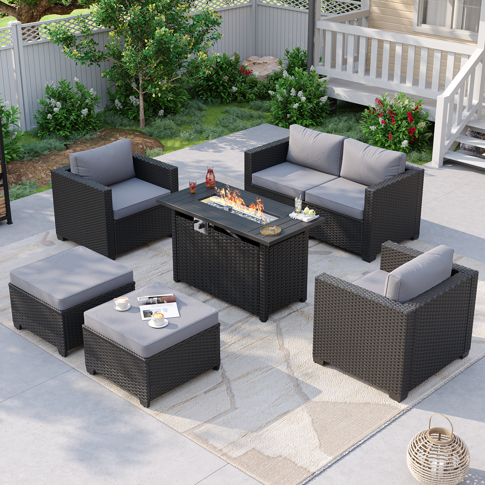 Aoxun Patio Furniture Set with Fire Pit Table, 6 Seats Outdoor Furniture Set with Wicker Ottomans, Rattan Outdoor Sectional Sofa with Thickened Cushion & Waterproof Cover Navy Blue