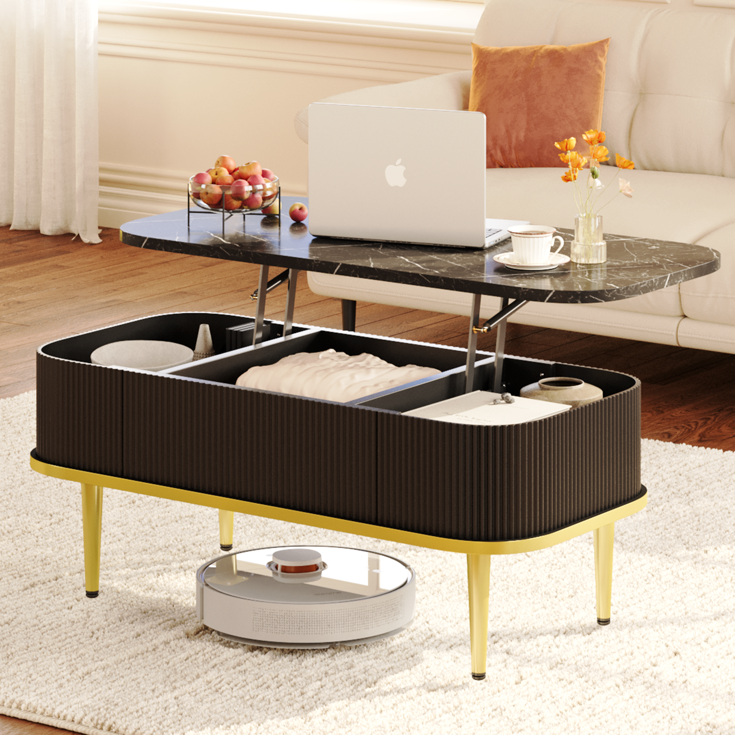 Rectangle Coffee Tables for Living Room,Modern Fluted Coffee Table with Storage, Small Coffee Table, Oval Center Table with Faux Marble Flip-Top