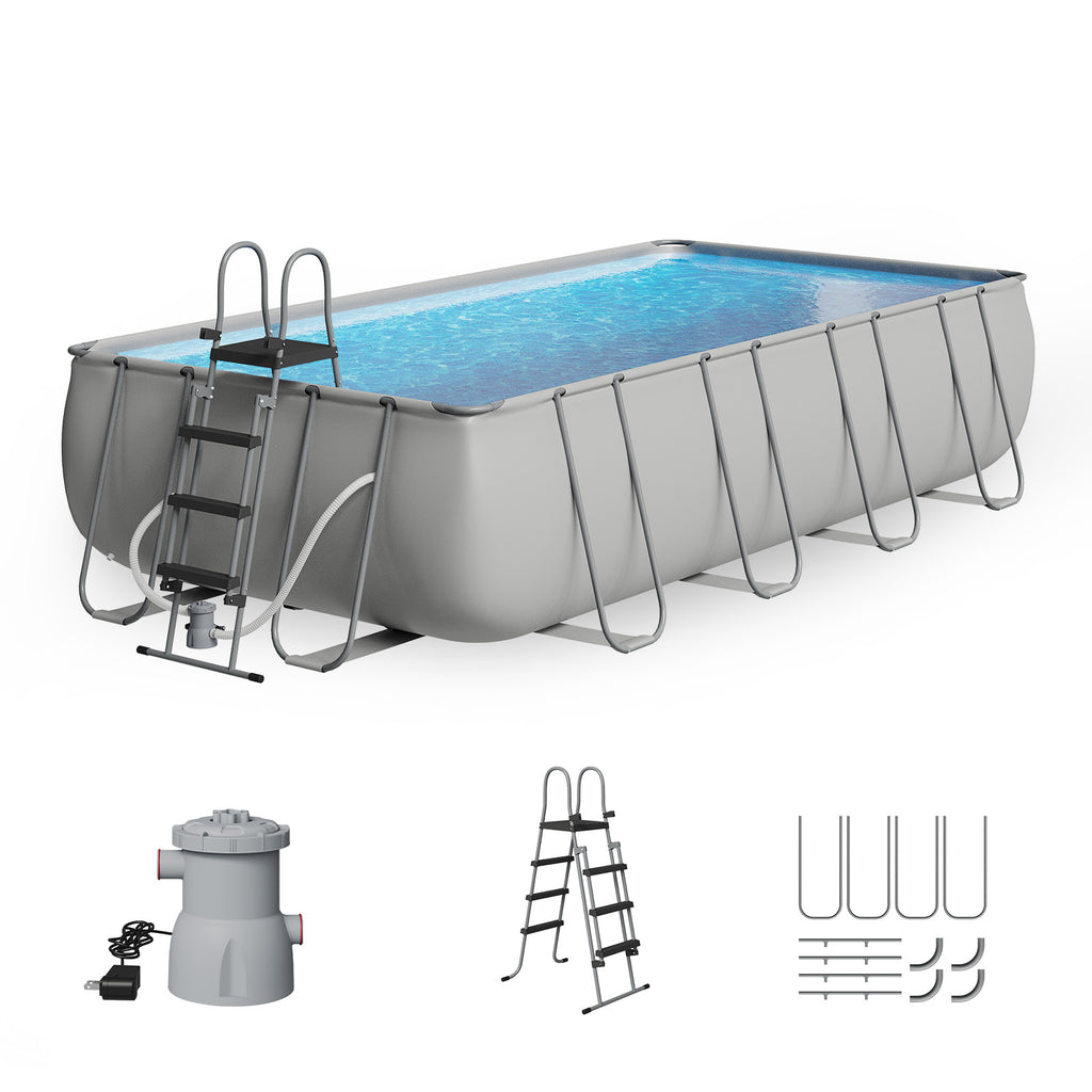 SunSwell 20' x 11' x 47" Rectangular Frame Pool Set with Removable Ladder and Sand Filter Pump, Large Swimming Pool for Backyard and Family, Gray