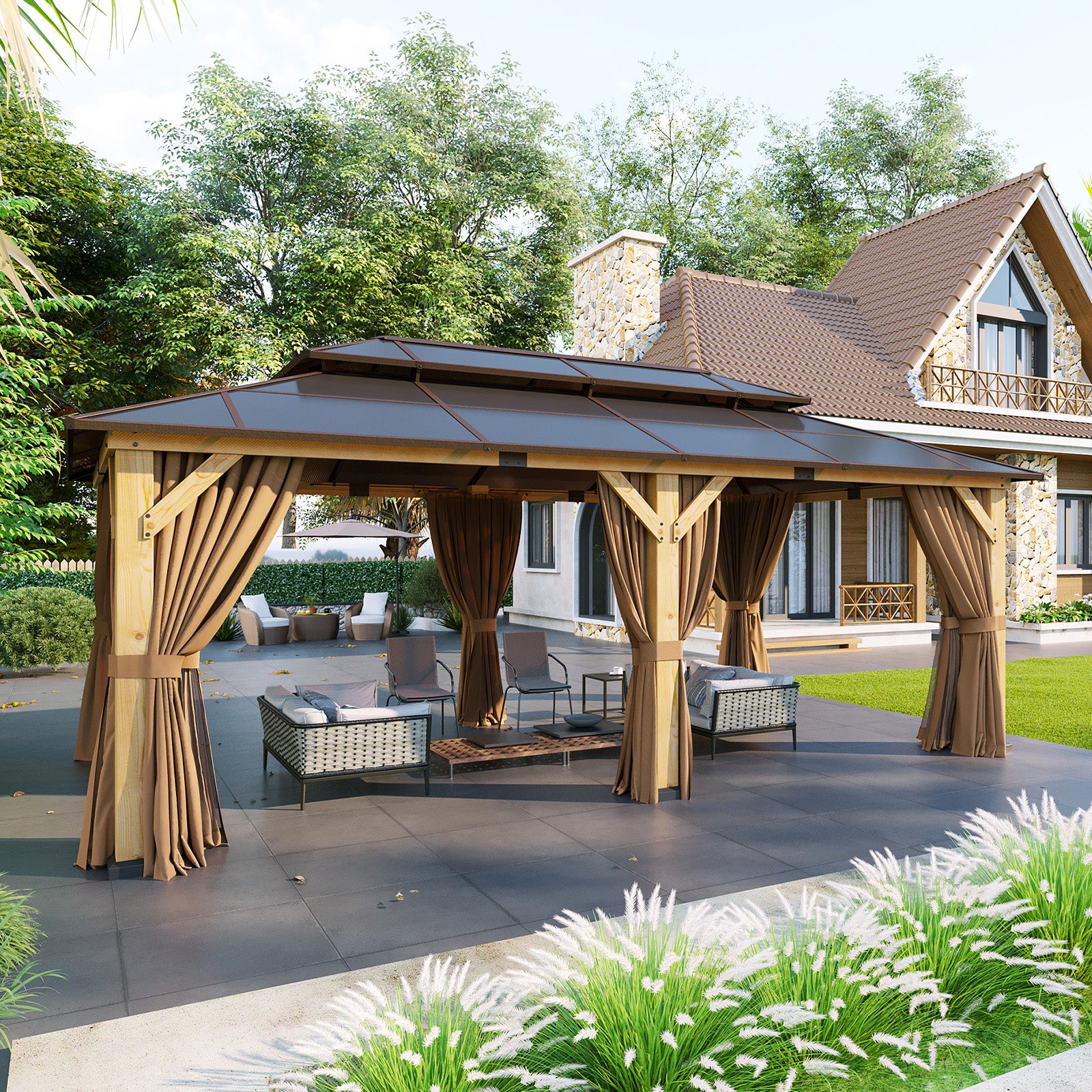 Aoxun 10' x 12' Outdoor Wood Gazebo with Double Polycarbonate Top, Hardtop Gazebo Permanent Wooden Pavilion with Breathable Netting and Privacy Curtain for Patio, Garden, Deck, Cedar Wood, Natural