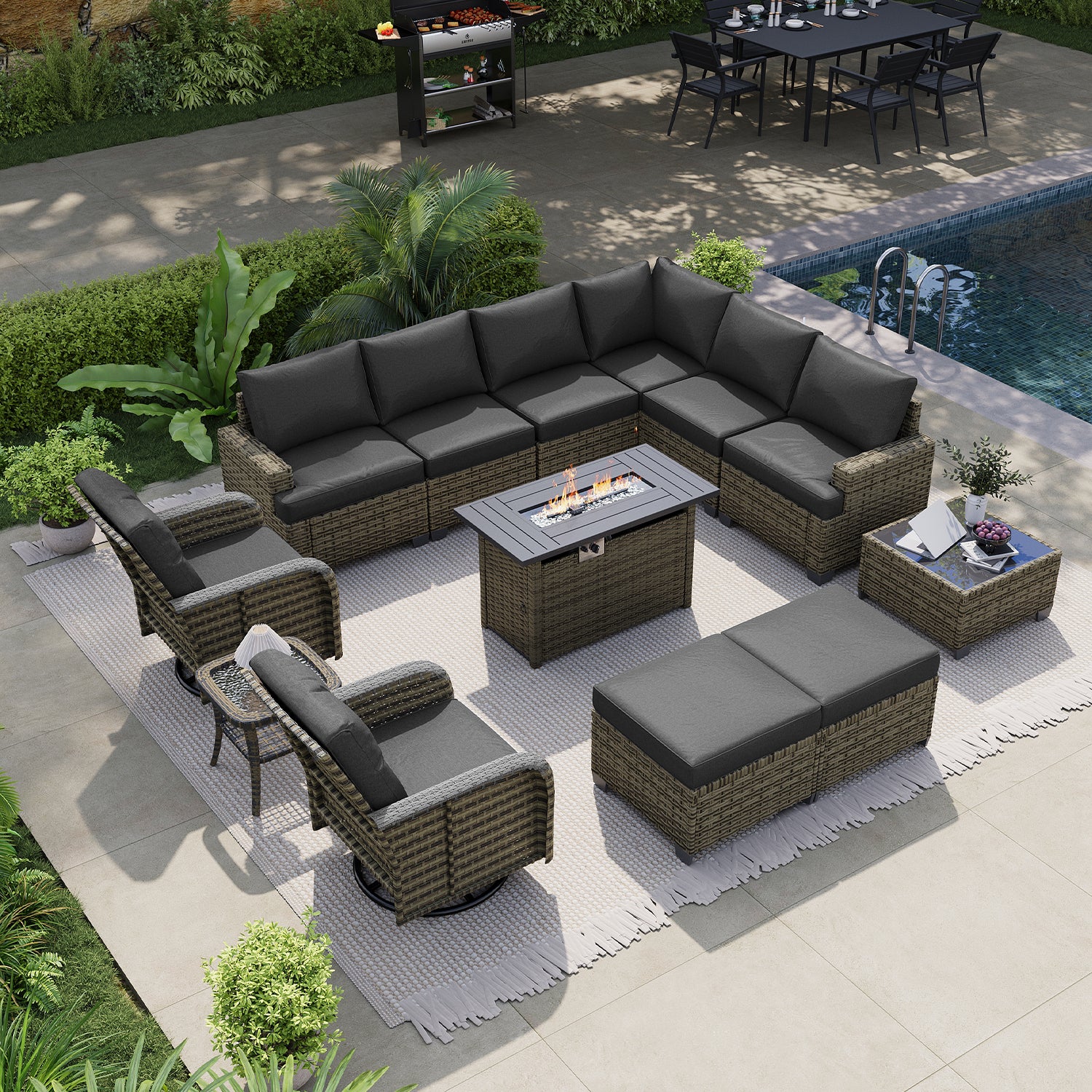 LET'S PATIO Luxury Patio Furniture Set with Fire Pit Table，13 Piece Outdoor Furniture Sectional Set with Swivel Rocker Chairs of 2，All-Weather Patio Sectional Sofas with Thickened Cushions, Beige