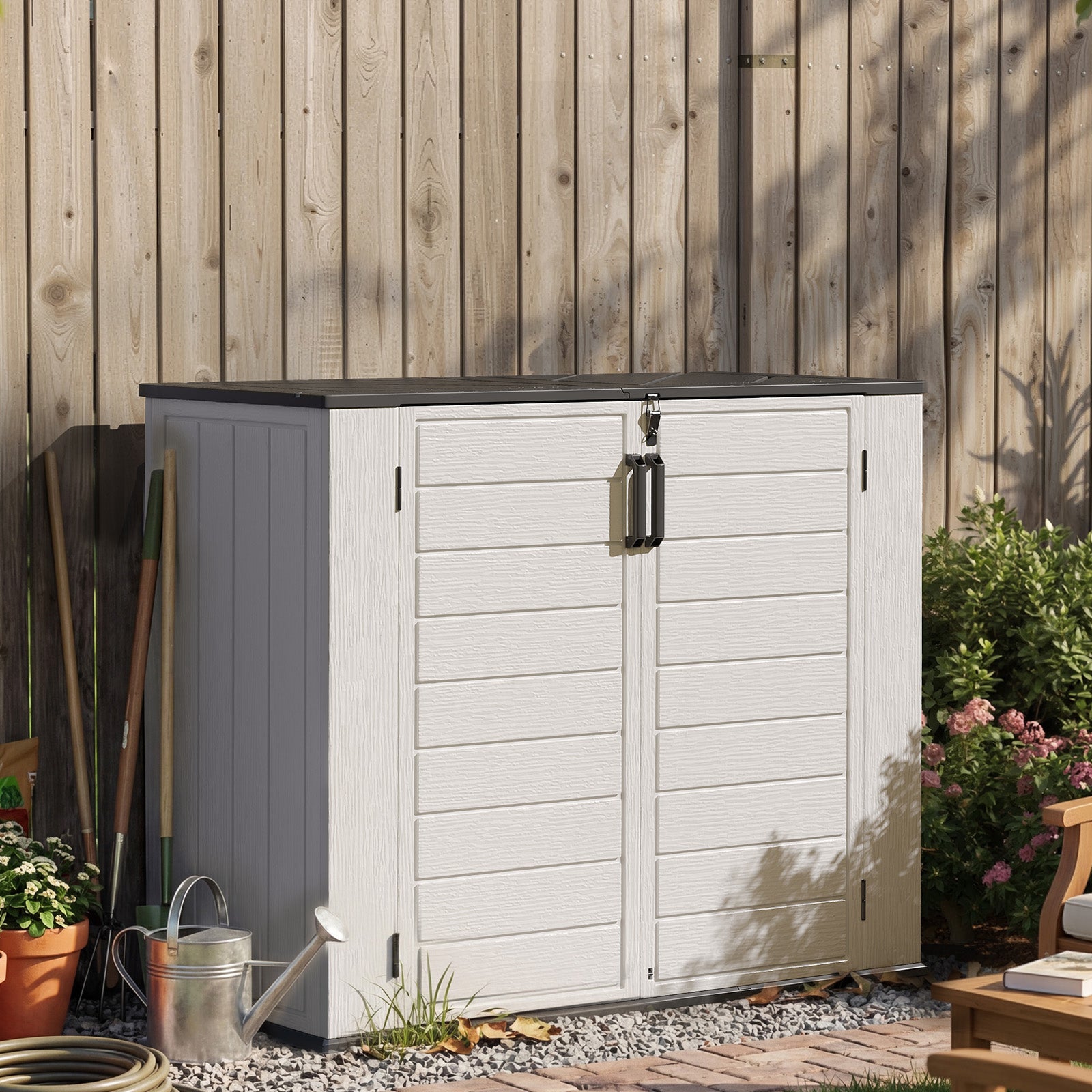 Breezestival 61 Cu.Ft Outdoor Storage Shed, Widened Outdoor Storage Cabinet Waterproof Vertical Resin Shed with Floor for Patio, Garden Tools, Pool Equipment, Easy to Assemble (White)