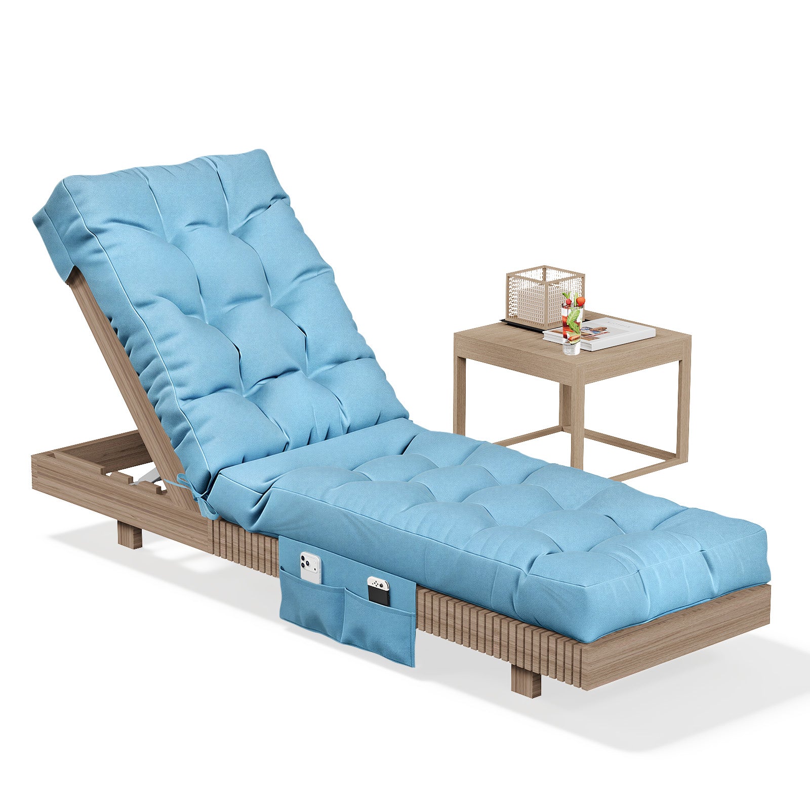 Aoxun Outdoor Chaise Lounge Cushions with Storage Pocket, Waterproof Replacement Patio Lounge Chair Cushion with Ties, Thick Pool Lounger Chair Cushions for Outdoor Furniture