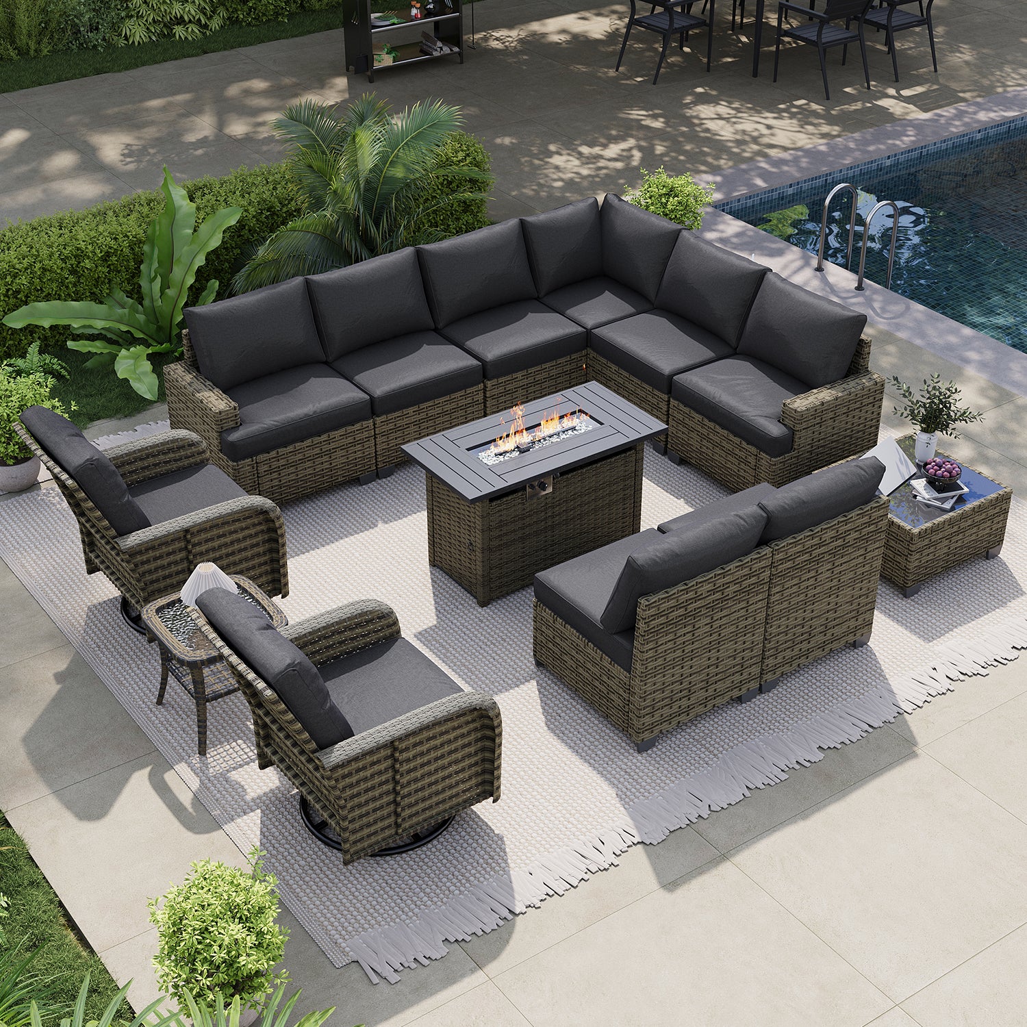 LET'S PATIO Luxury Patio Furniture Set with Fire Pit Table，13 Piece Outdoor Furniture Sectional Set with Swivel Rocker Chairs of 2，All-Weather Patio Sectional Sofas with Thickened Cushions, Beige