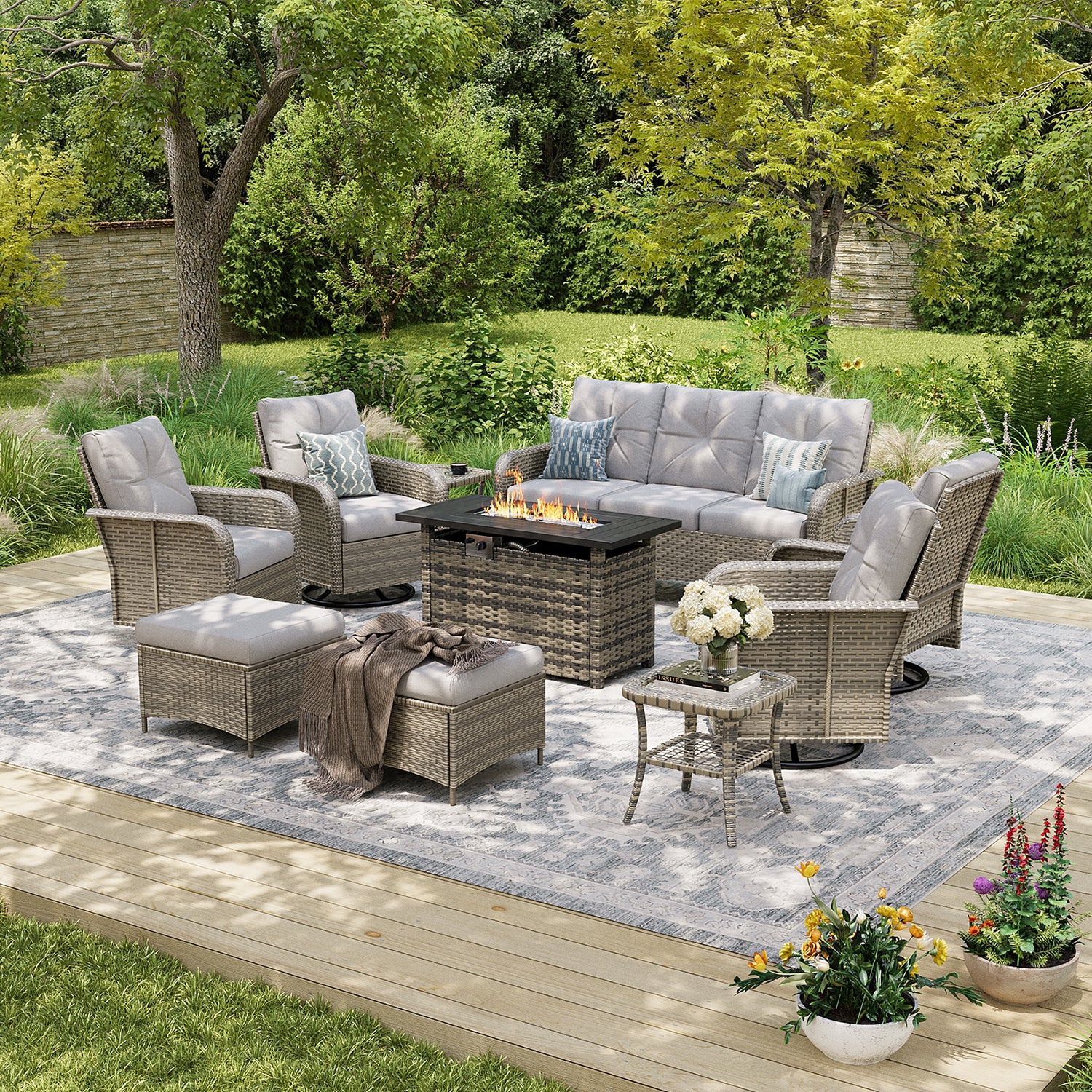 Aoxun Luxury 12-Piece Patio Furniture Set with 44'' Fire Pit Table, 360° Swivel Chairs, Wicker Rattan Sofa & Thick Cushions, Outdoor Conversation Set for Backyard, Poolside & Garden, Beige/Gray