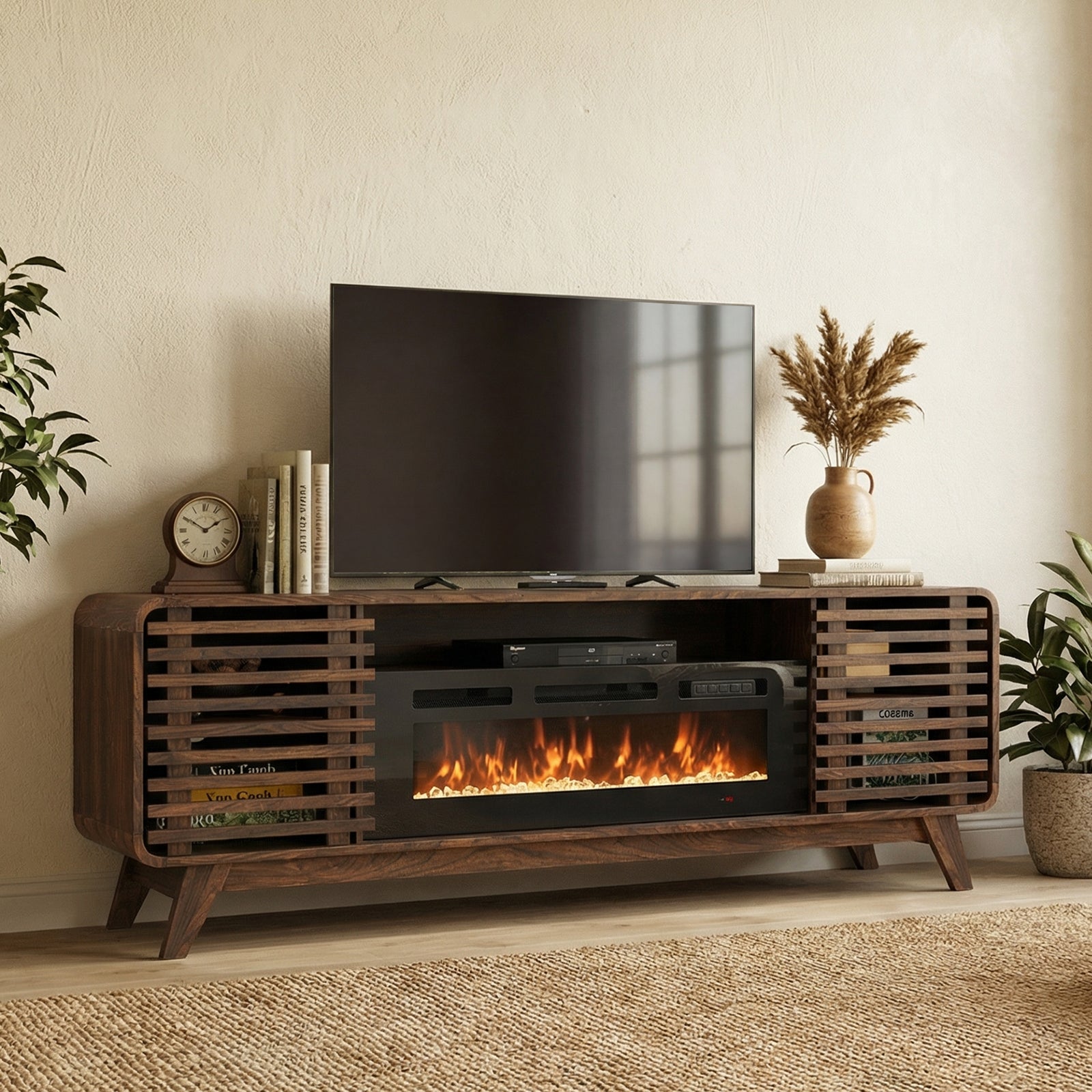 Fireplace TV Stand for 80” TVs, Mid Century Modern Entertainment Center with 36" Electric Fireplace and Led Lights, Wood Media Console with Slatted Sliding Doors, for Living Room, Walnut