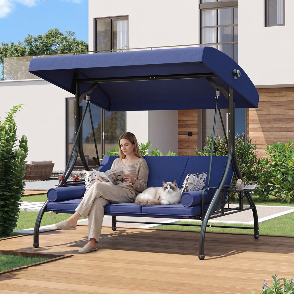 Aoxun Outdoor Porch Swing with Stand and Canopy, 3 Seats Outdoor Swings for Adults, Convertible 2 in 1 Swing Bed with Cup Holder, Patio Swings with Thicken Cushions for Garden, Yard & Balcony
