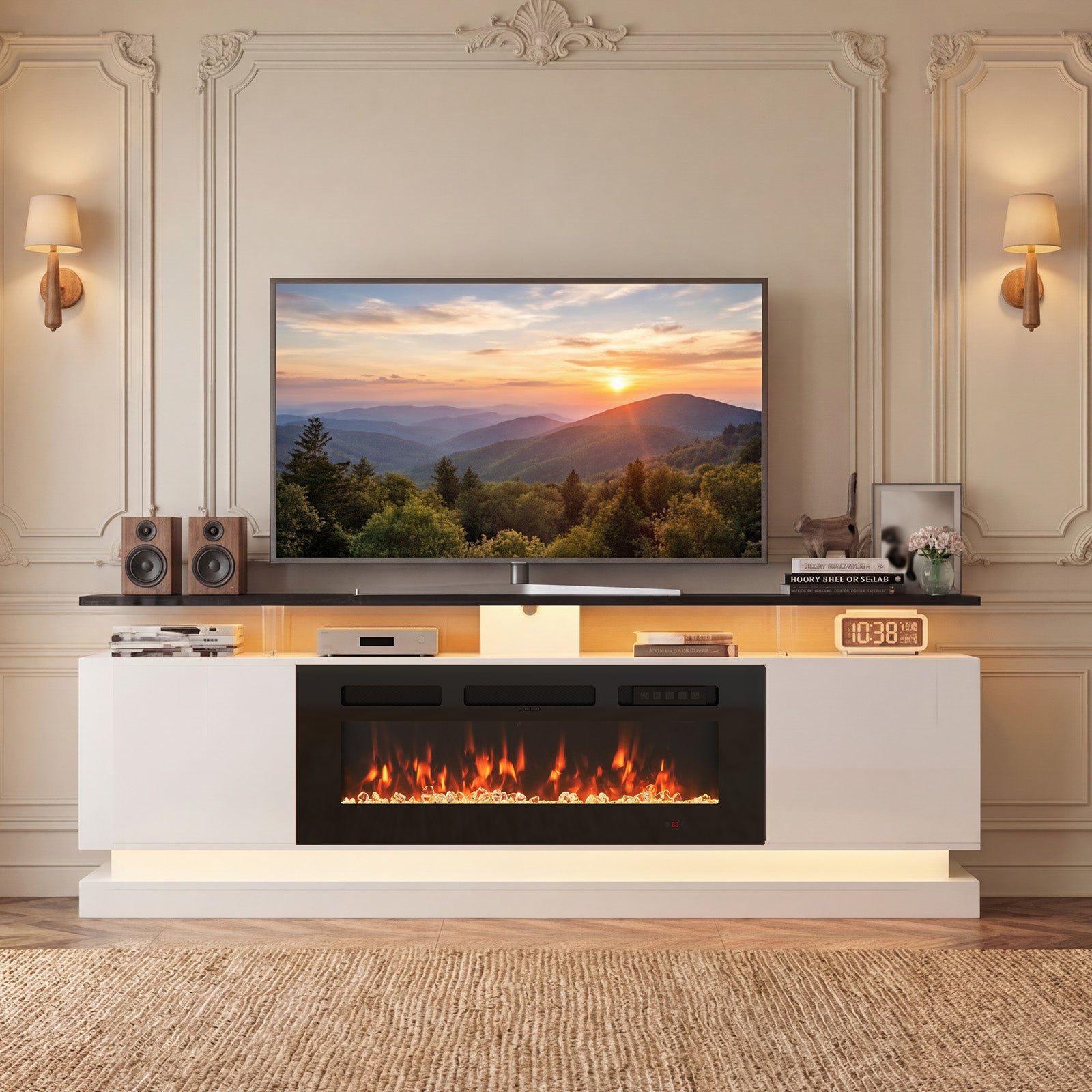 Breezestival 70" Fireplace TV Stand for TVs up to 80", Modern Entertainment Center with Black Fireplace and Storage, White