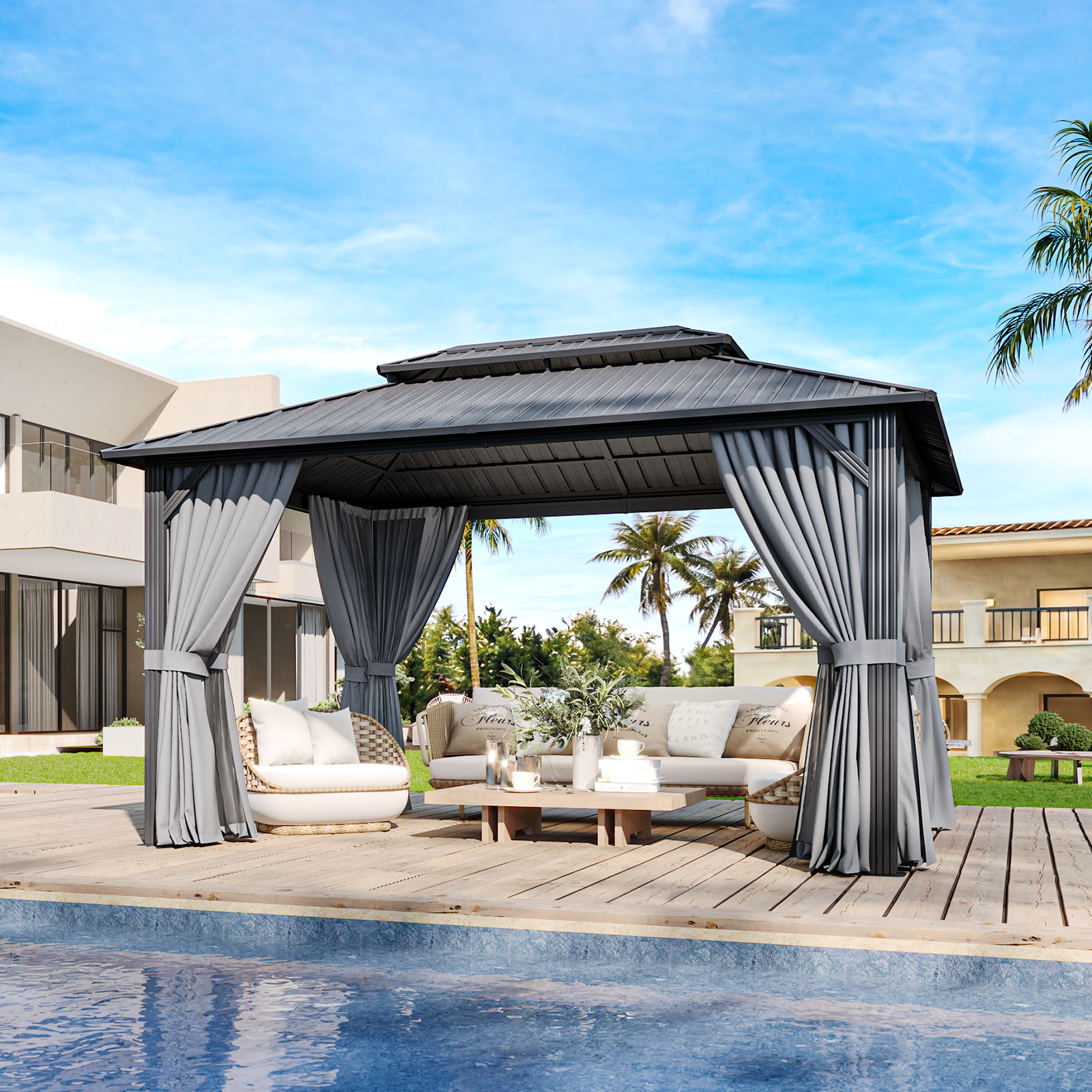 LET'S PATIO 10'x14' Hardtop Gazebo, Metal Outdoor Gazebo with Double Galvanized Steel Roof, Permanent Patio Pavilion with Breathable Netting and Privacy Curtain for Backyard, Lawn and Deck