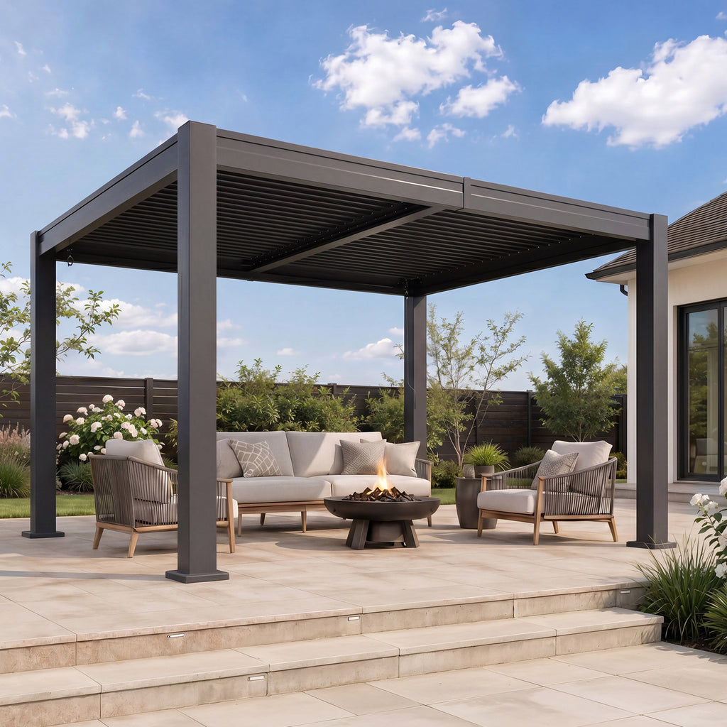 LazySunsets Louvered Pergola 10x12, Outdoor Pergola with Adjustable Louvers Outdoor Gazebo with 2 Independent Adjustable Roofs, Integrated Drainage System for Patios, Deck & Backyard, Gray