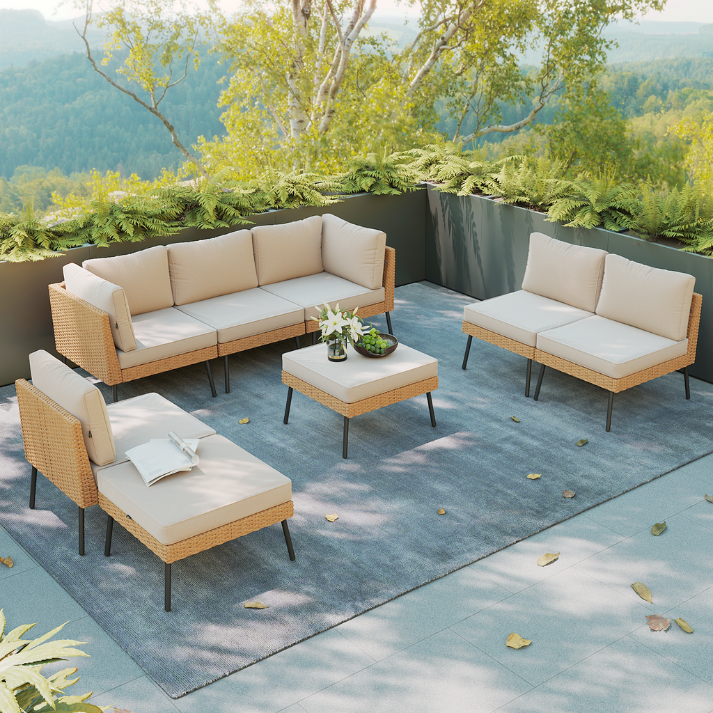 Aoxun 8 Piece Patio Furniture Set, 8 Seats Outdoor Sectional Sofas with Thick Cushion, Wicker Outdoor Patio Furniture Set with Ottomans for Party, Garden, Backyard