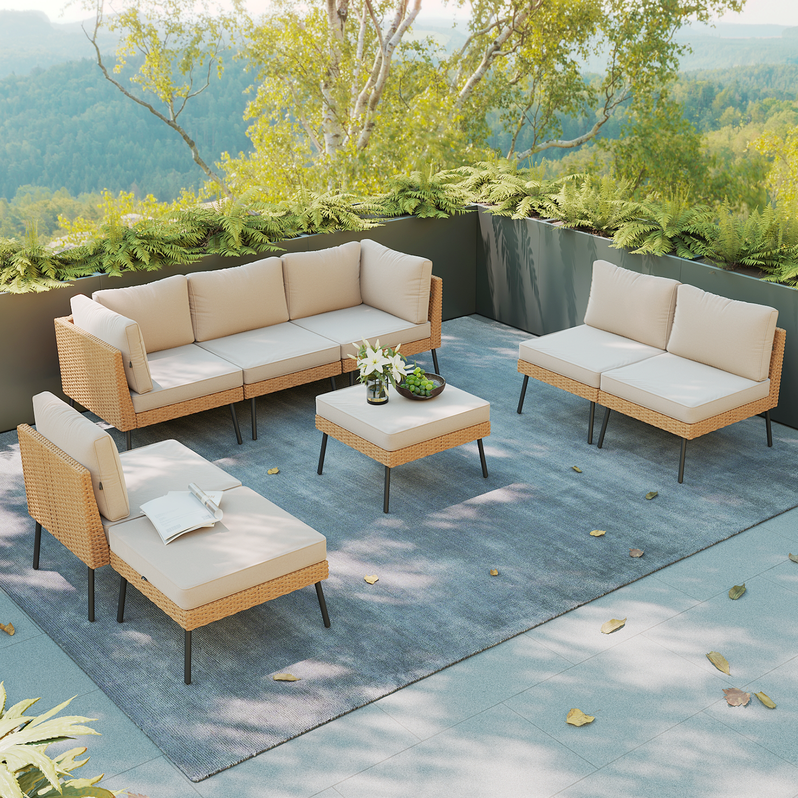 Aoxun 8 Piece Patio Furniture Set, 8 Seats Outdoor Sectional Sofas with Thick Cushion, Wicker Outdoor Patio Furniture Set with Ottomans for Party, Garden, Backyard