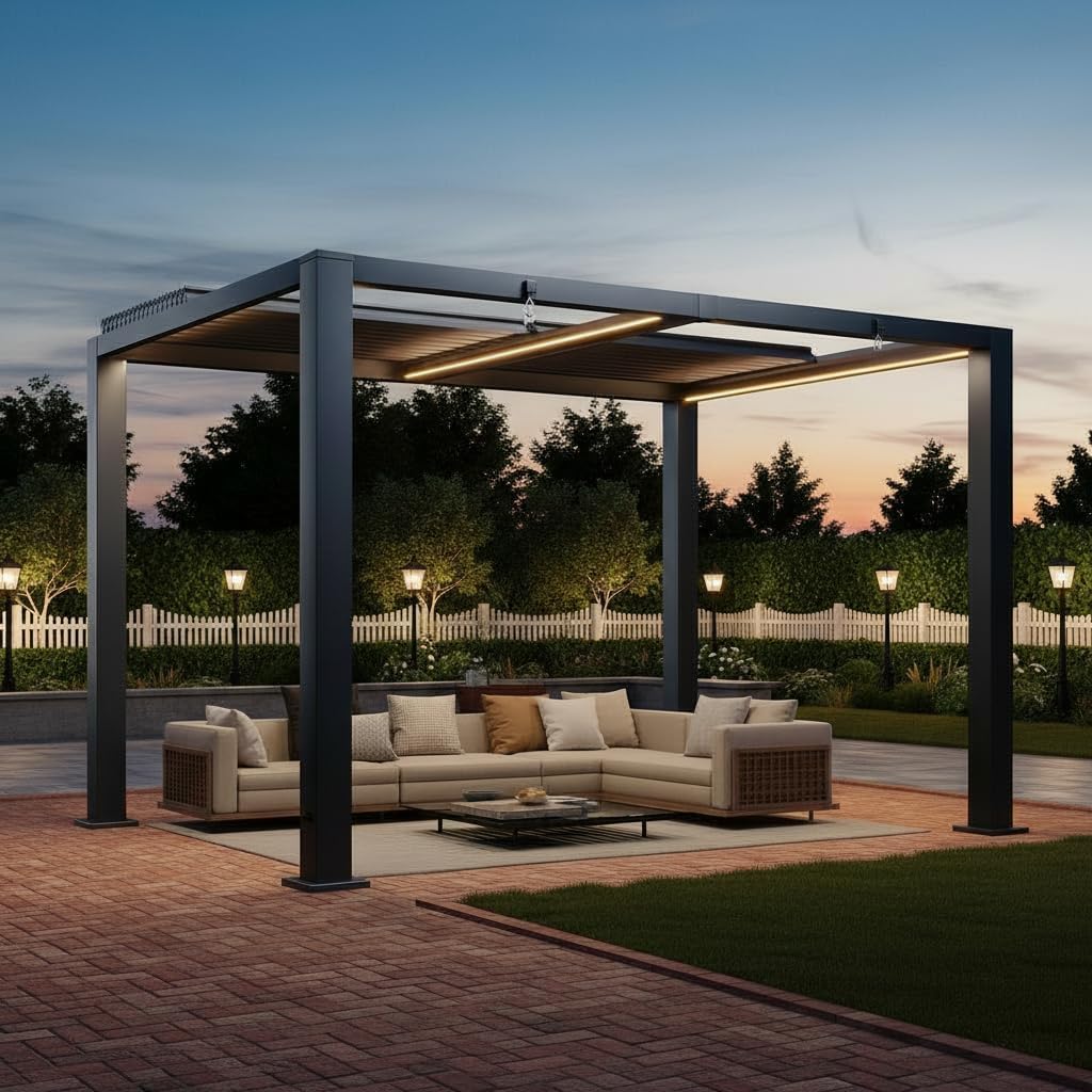 LazySunsets 9x12 Motorized Louvered Pergola with LED Lights & Power Outlet 90MPH Wind Resistance, Outdoor Pergola with 2 Independent Adjustable Roofs, Rust-Resistant Frame for Patio & Backyard
