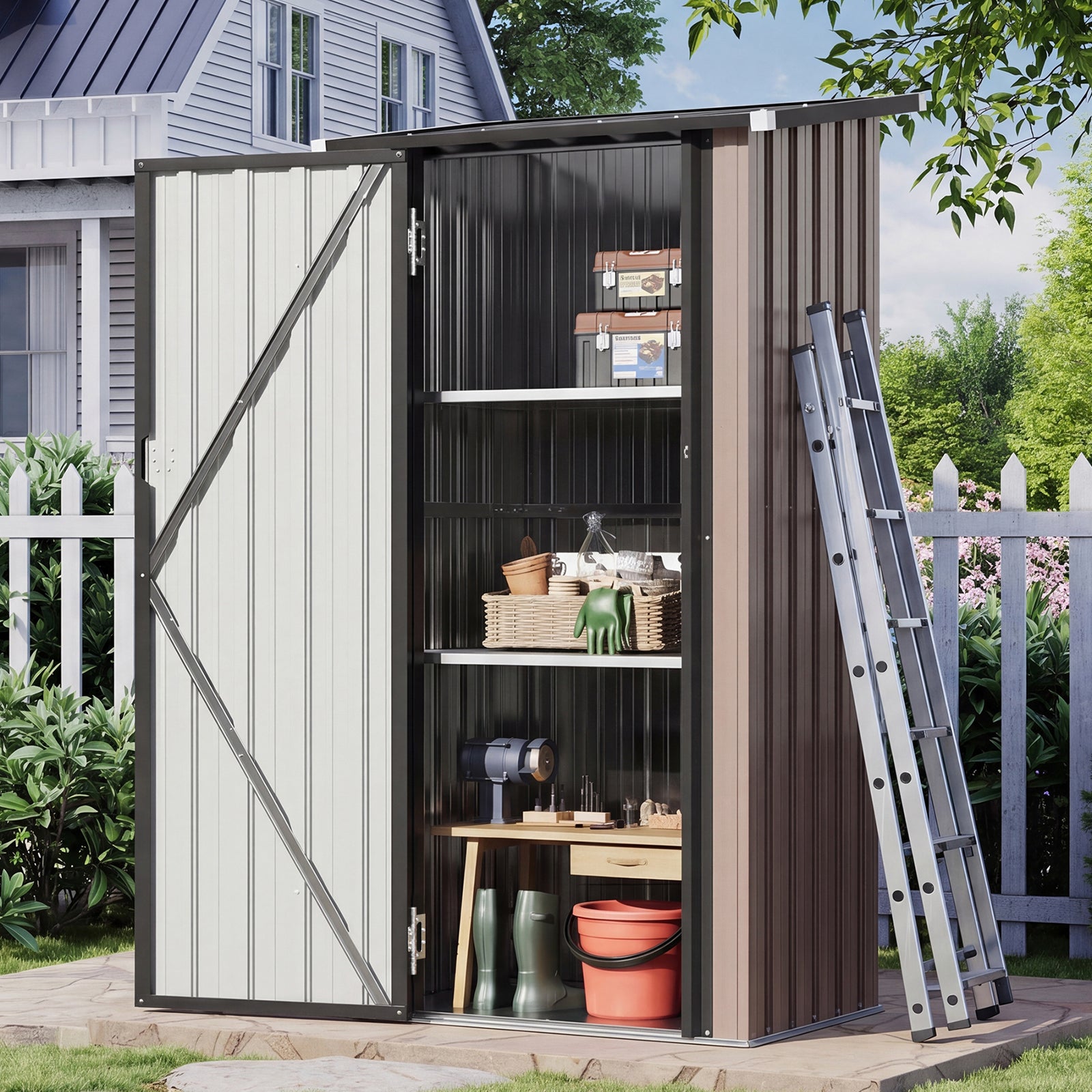 Aoxun Outdoor Storage Cabinet Shed - Vertical Cabinet with Floor, 2 Adjustable Shelves & Lockable Doors, Waterproof Small Tool Shed, for Backyard Garden Patio Lawn Indoor, Brown