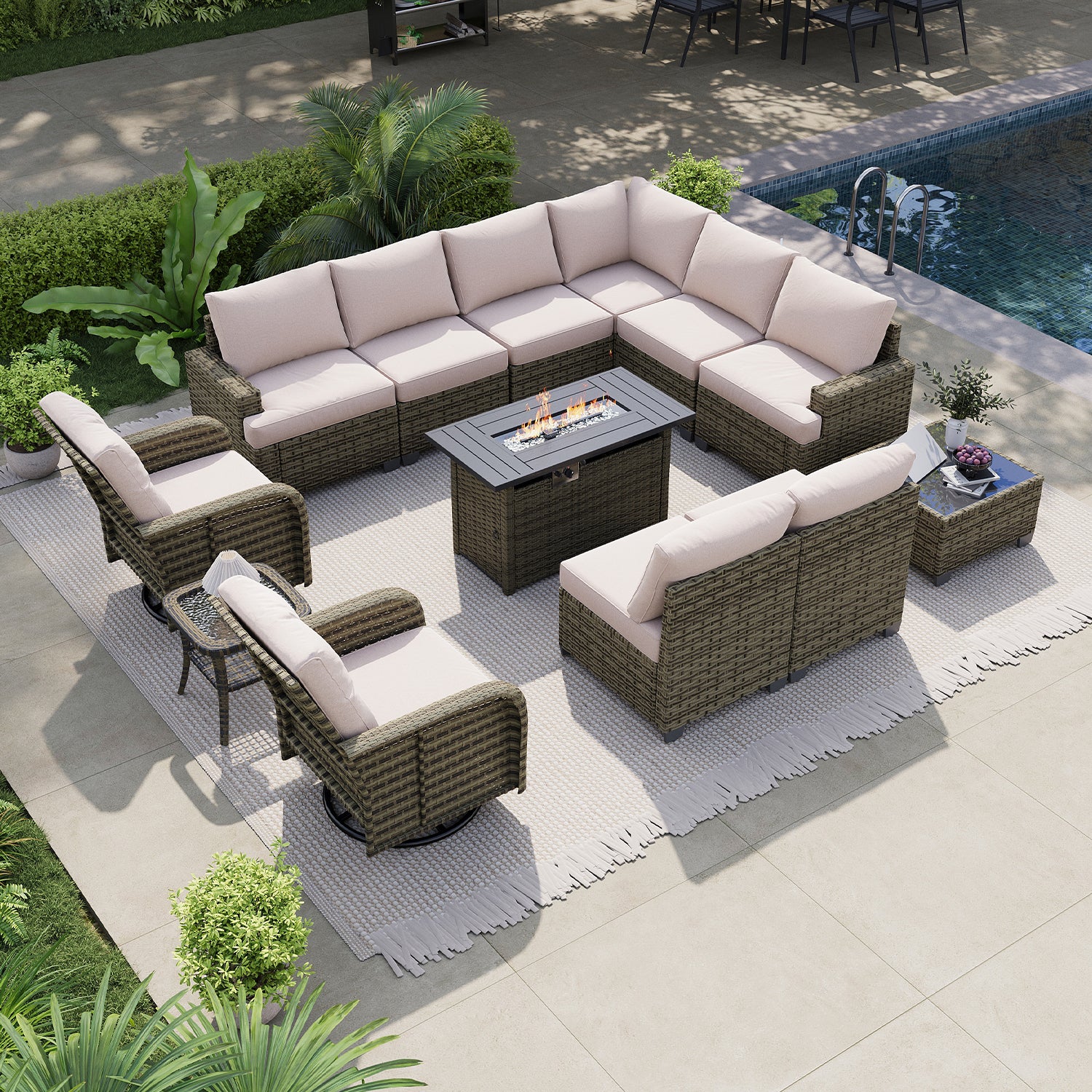 LET'S PATIO Luxury Patio Furniture Set with Fire Pit Table，13 Piece Outdoor Furniture Sectional Set with Swivel Rocker Chairs of 2，All-Weather Patio Sectional Sofas with Thickened Cushions, Beige