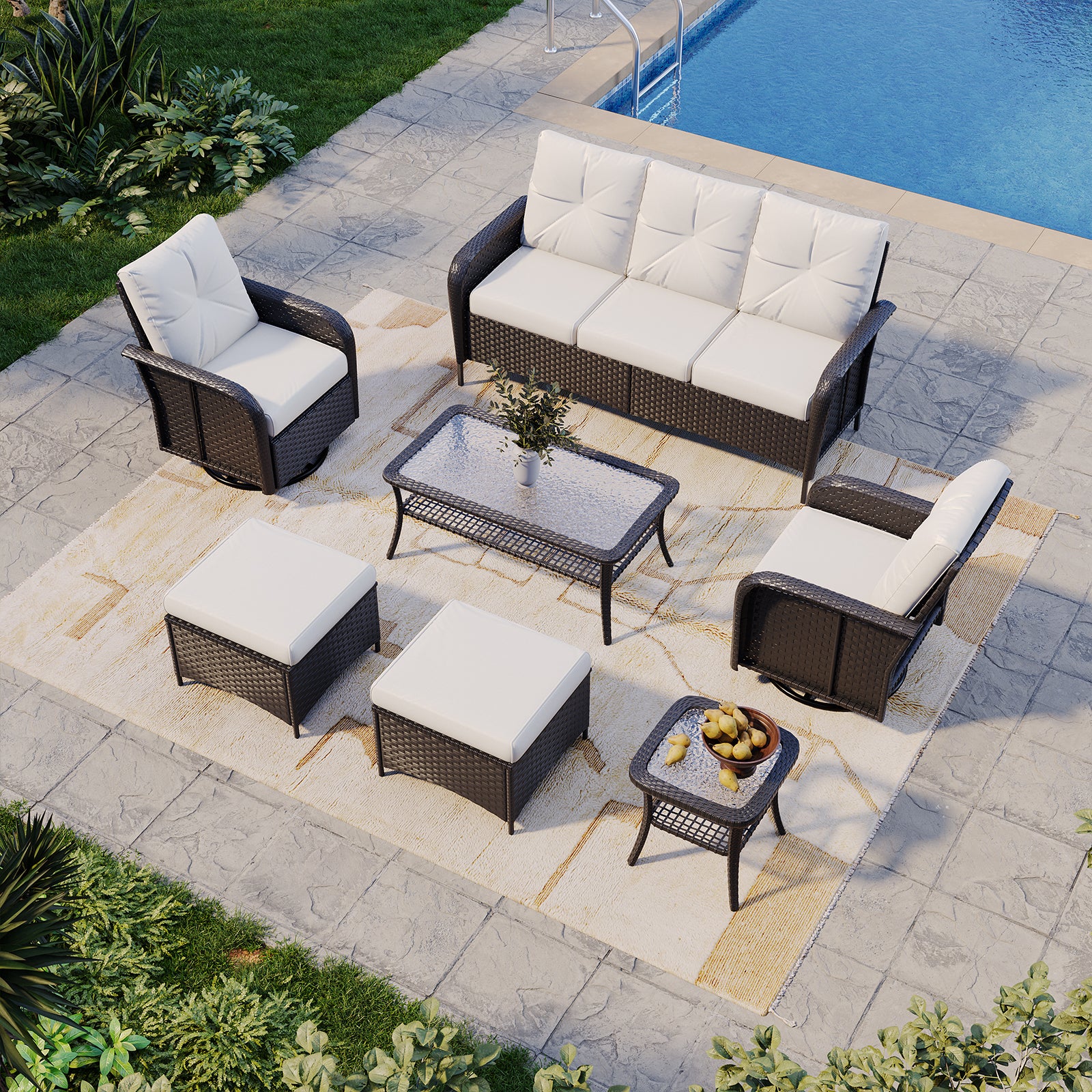 Aoxun Patio Furniture Set, Wicker Rattan Outdoor Sectional Sofa with High Back Swivel Rocker Chairs, Outdoor Patio Furniture Set