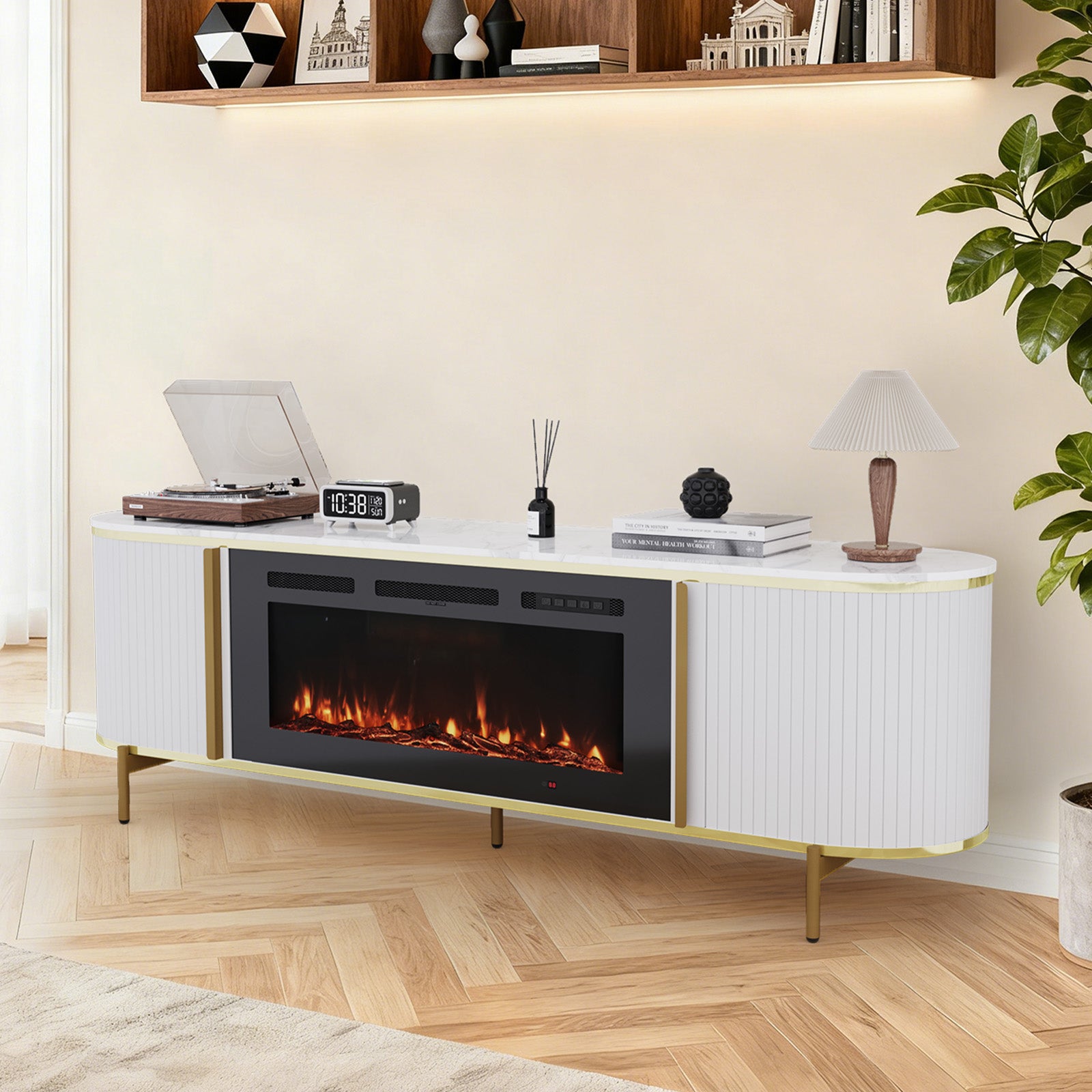 70" Fluted Fireplace TV Stand, Modern Entertainment Center for TVs Up to 80”, Farmhouse White TV Console for Living Room, White TV Stand and Black Fireplace