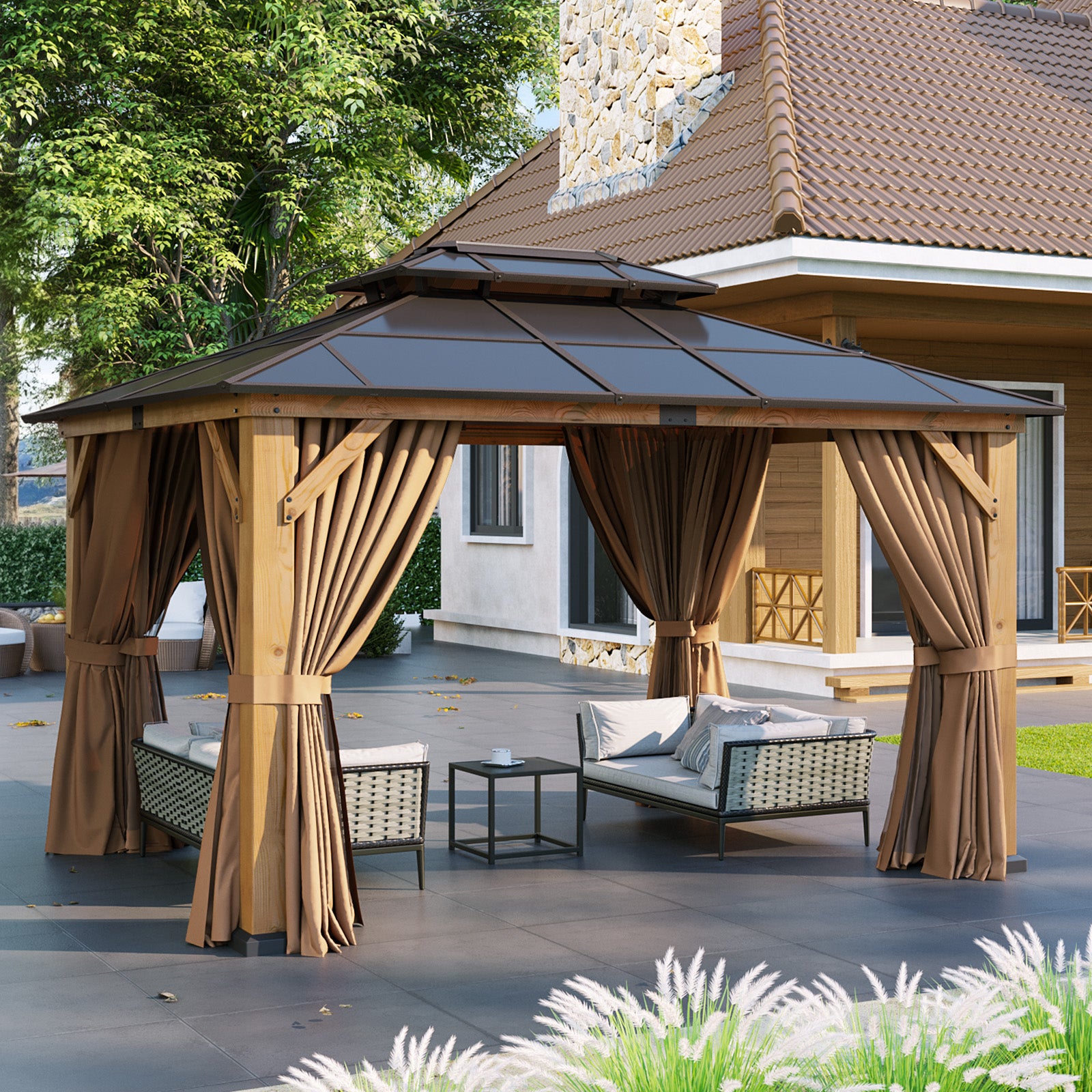 Aoxun 10' x 12' Outdoor Wood Gazebo with Double Polycarbonate Top, Hardtop Gazebo Permanent Wooden Pavilion with Breathable Netting and Privacy Curtain for Patio, Garden, Deck, Cedar Wood, Natural