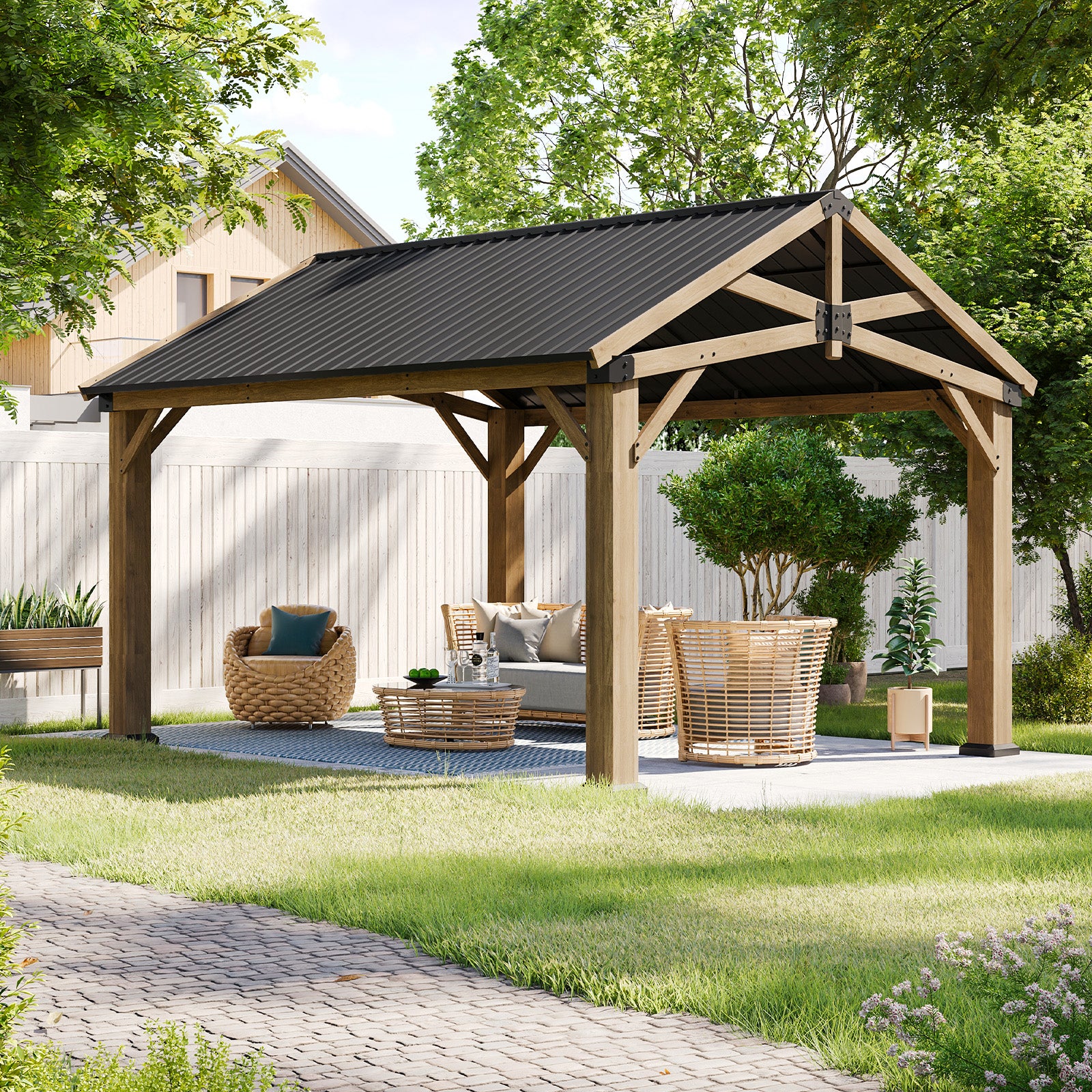 LET’S PATIO Outdoor Cedar Wood Gazebo, Hardtop Gazebo Permanent Wooden Pavilion with Galvanized Steel Gable Roof, for Deck, Garden, Patio, Garden
