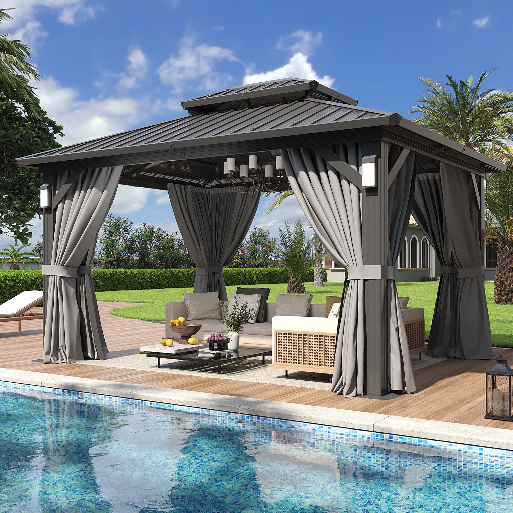 Aoxun 10'x12' Hardtop Gazebo with 4 LED Lights, Outdoor Gazebo with Galvanized Steel Double Roof, Patio Gazebo with Breathable Netting & Privacy Curtain, Decor Hooks for Backyard, Gray