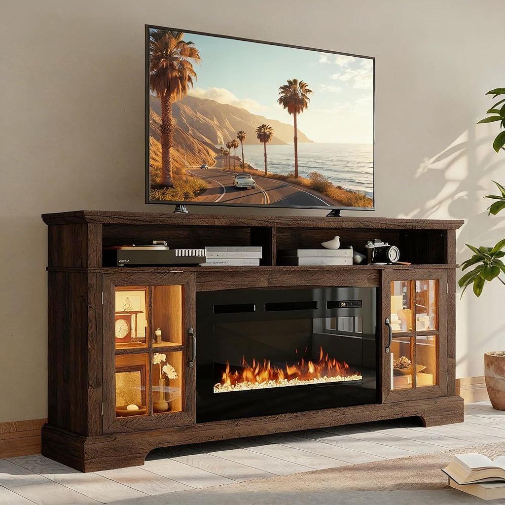 Nordivale 70" Fireplace TV Stand, Modern Entertainment Center for TVs Up to 80”, TV Console with Storage Cabinets, Media Console for Living Room, Brown TV Stand and Black Fireplace