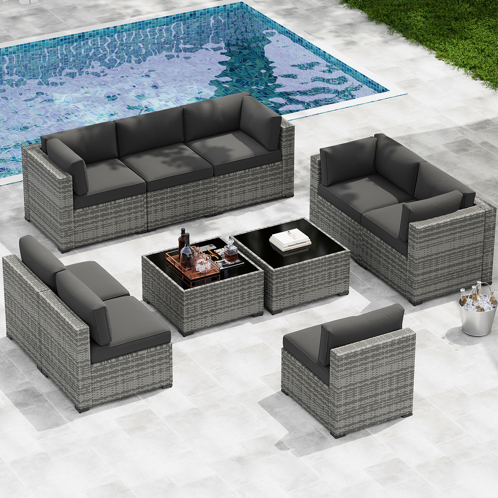 LazySunsets 7-Piece Patio Furniture Set, Wicker Rattan Outdoor Furniture with Thick Cushions, Patio Conversation Sets with Coffee Table, Outdoor Sectional Couch Sofa