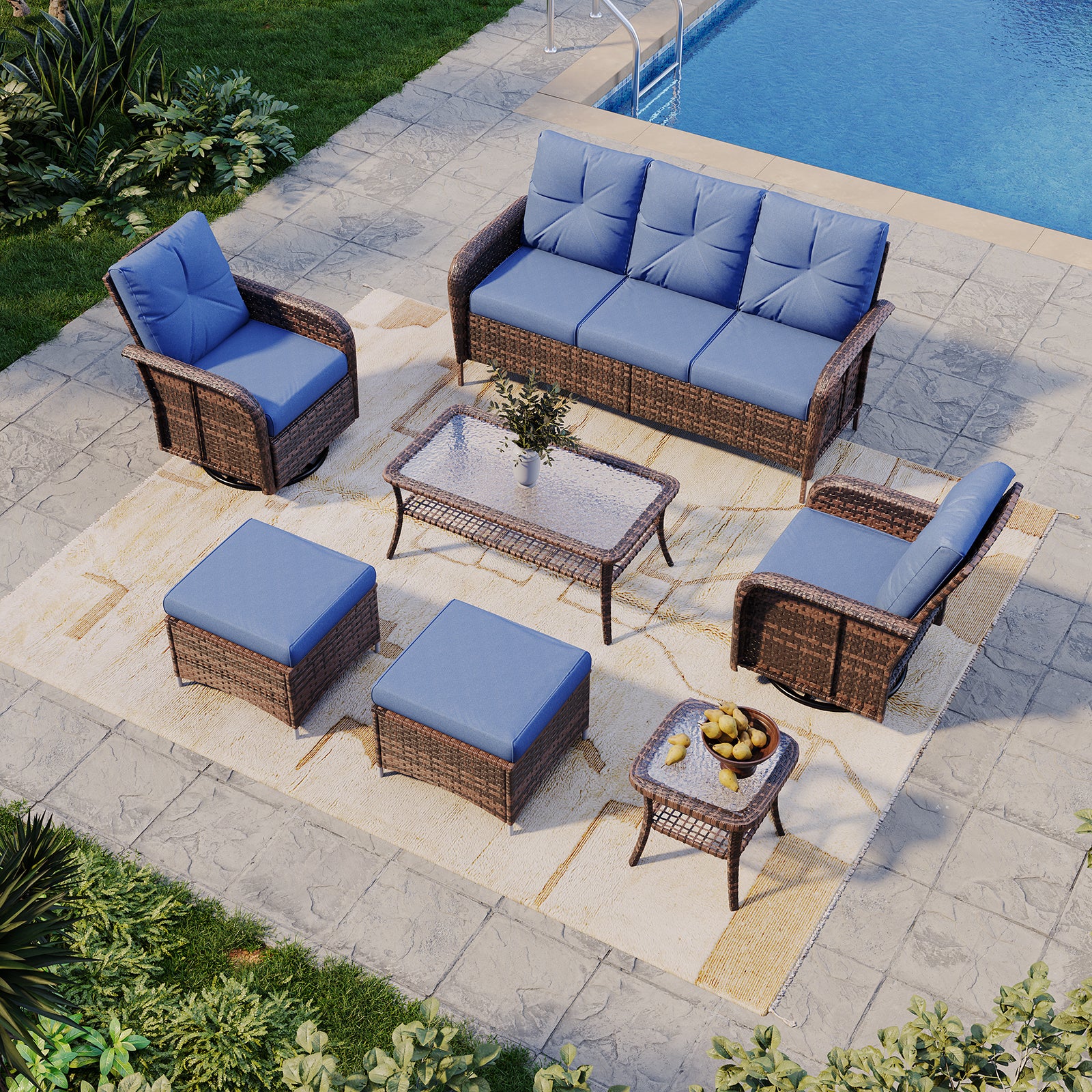 Aoxun Patio Furniture Set, Wicker Rattan Outdoor Sectional Sofa with High Back Swivel Rocker Chairs, Outdoor Patio Furniture Set