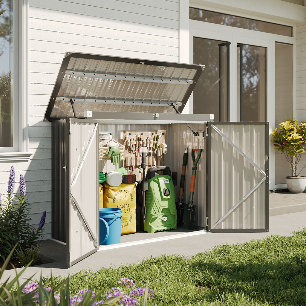 50 Cu. Ft Outdoor Trash Can Shed with Pneumatic Support Rod, 5x2.6 Ft Outdoor Storage Shed w/Lockable Doors & Waterproof Lid Chain,Ideal for 2 Trash Bins for Patio/Garden/Backyard