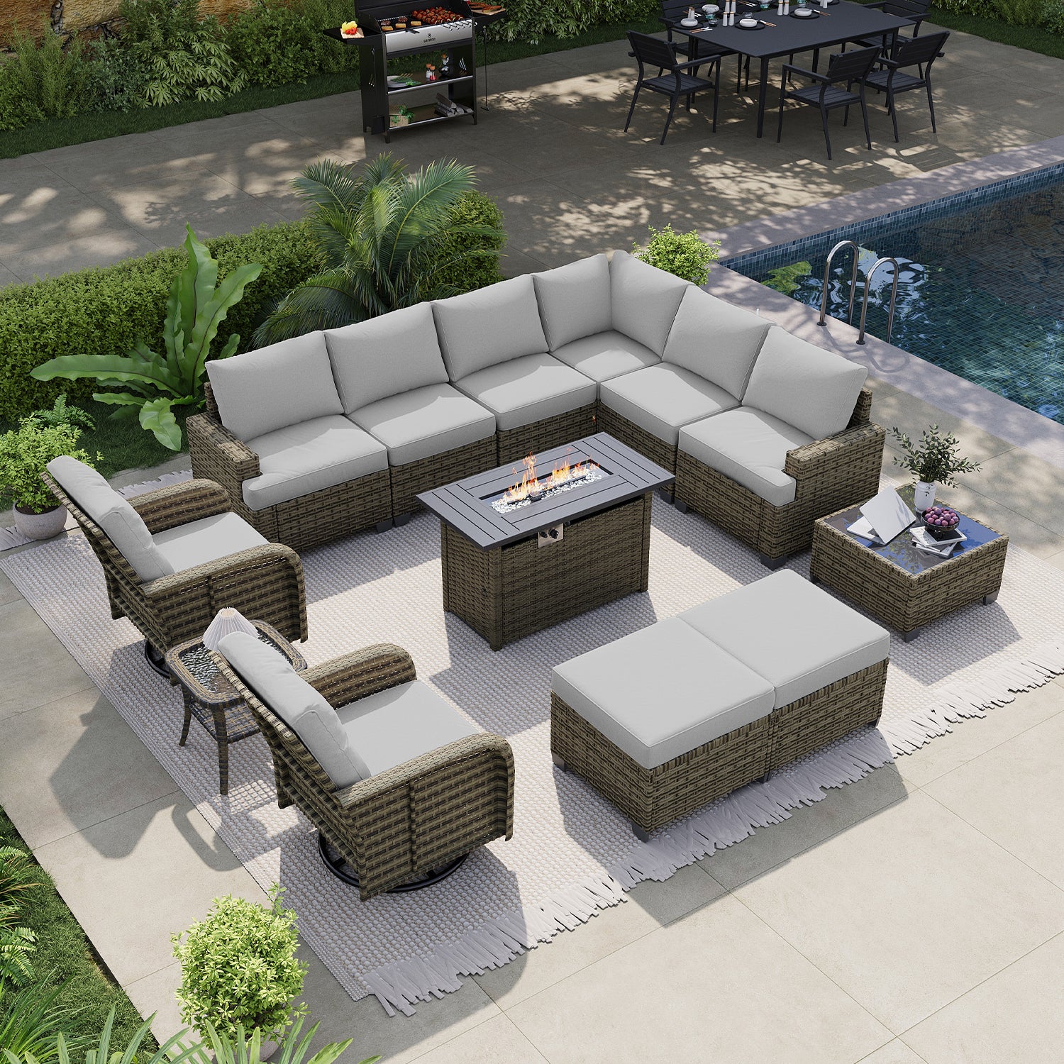 LET'S PATIO Luxury Patio Furniture Set with Fire Pit Table，13 Piece Outdoor Furniture Sectional Set with Swivel Rocker Chairs of 2，All-Weather Patio Sectional Sofas with Thickened Cushions, Beige