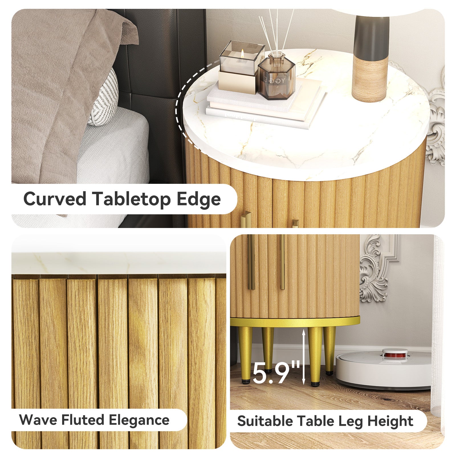 Fluted Nightstand Set of 2, Modern Side Table with Faux Marble Top and Metal Handle