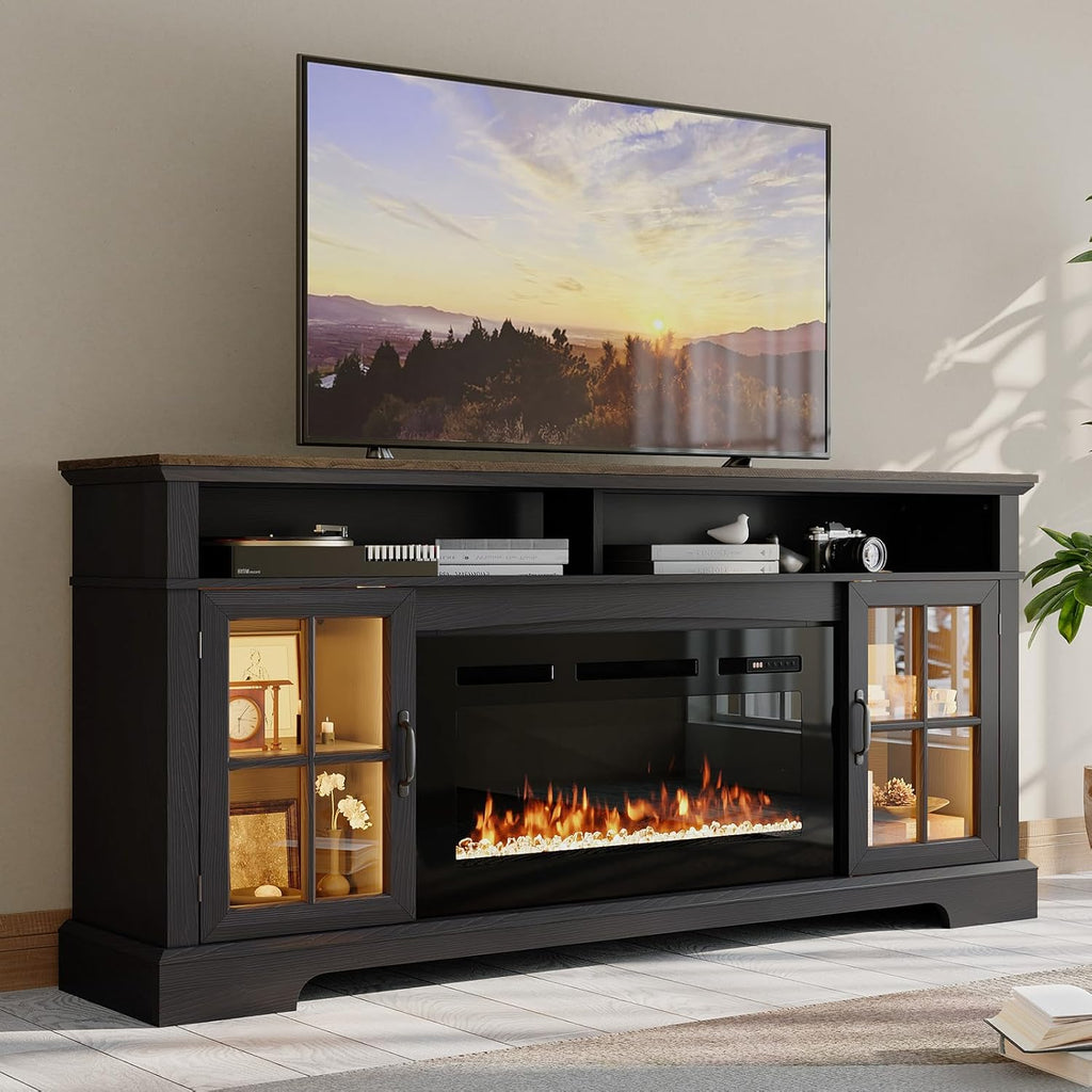 Nordivale 70" Fireplace TV Stand, Farmhouse Entertainment Center for TVs Up to 80”, TV Console with Storage Cabinets, Media Console for Living Room, Black TV Stand and Black Fireplace