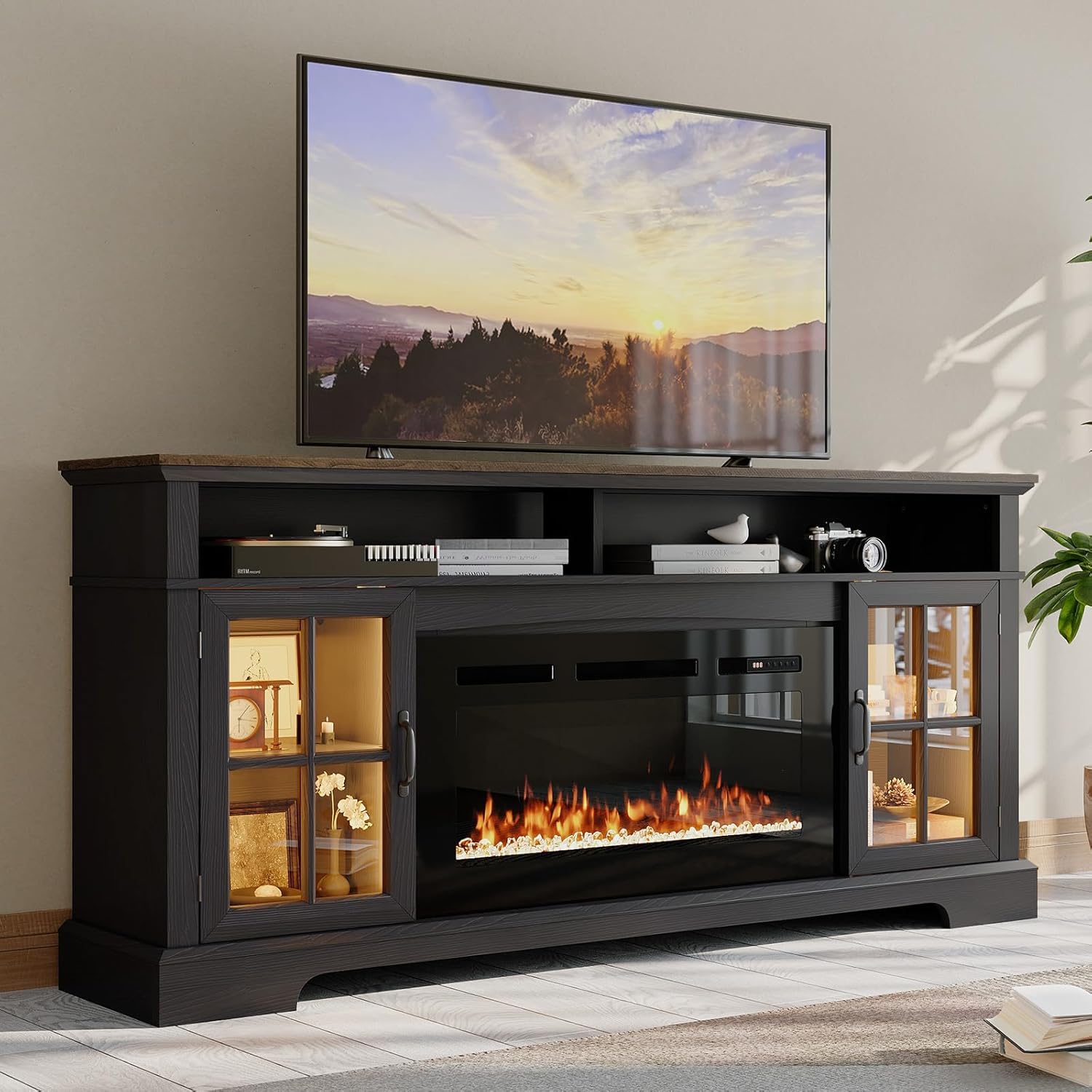Nordivale 70" Fireplace TV Stand, Farmhouse Entertainment Center for TVs Up to 80”, TV Console with Storage Cabinets, Media Console for Living Room, Black TV Stand and Black Fireplace