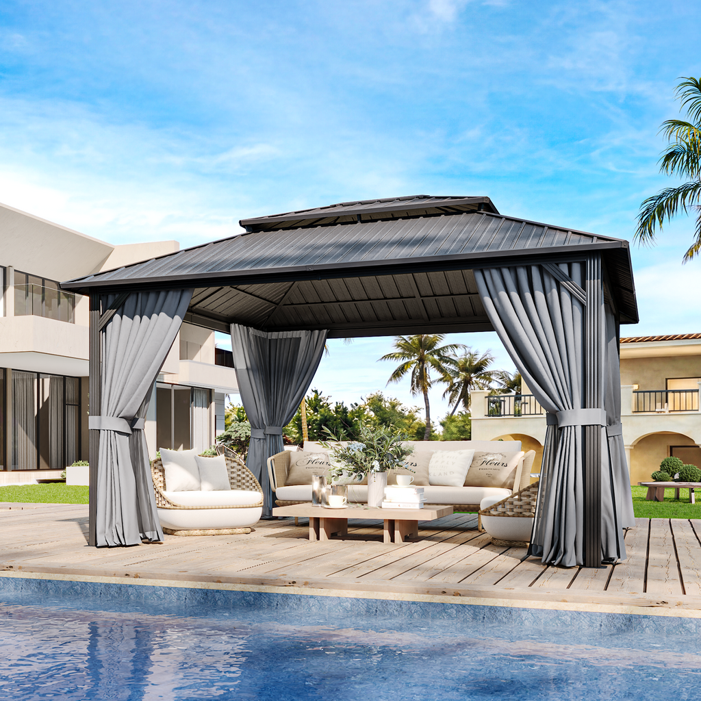 BinpLax 14x12FT Outdoor Gazebo - Heavy Duty Canopy Pavilion with Ventilated Double Roof, Patio Pergola with Netting for Pavilion for Party, Outdoor Dining, Wedding, Gray