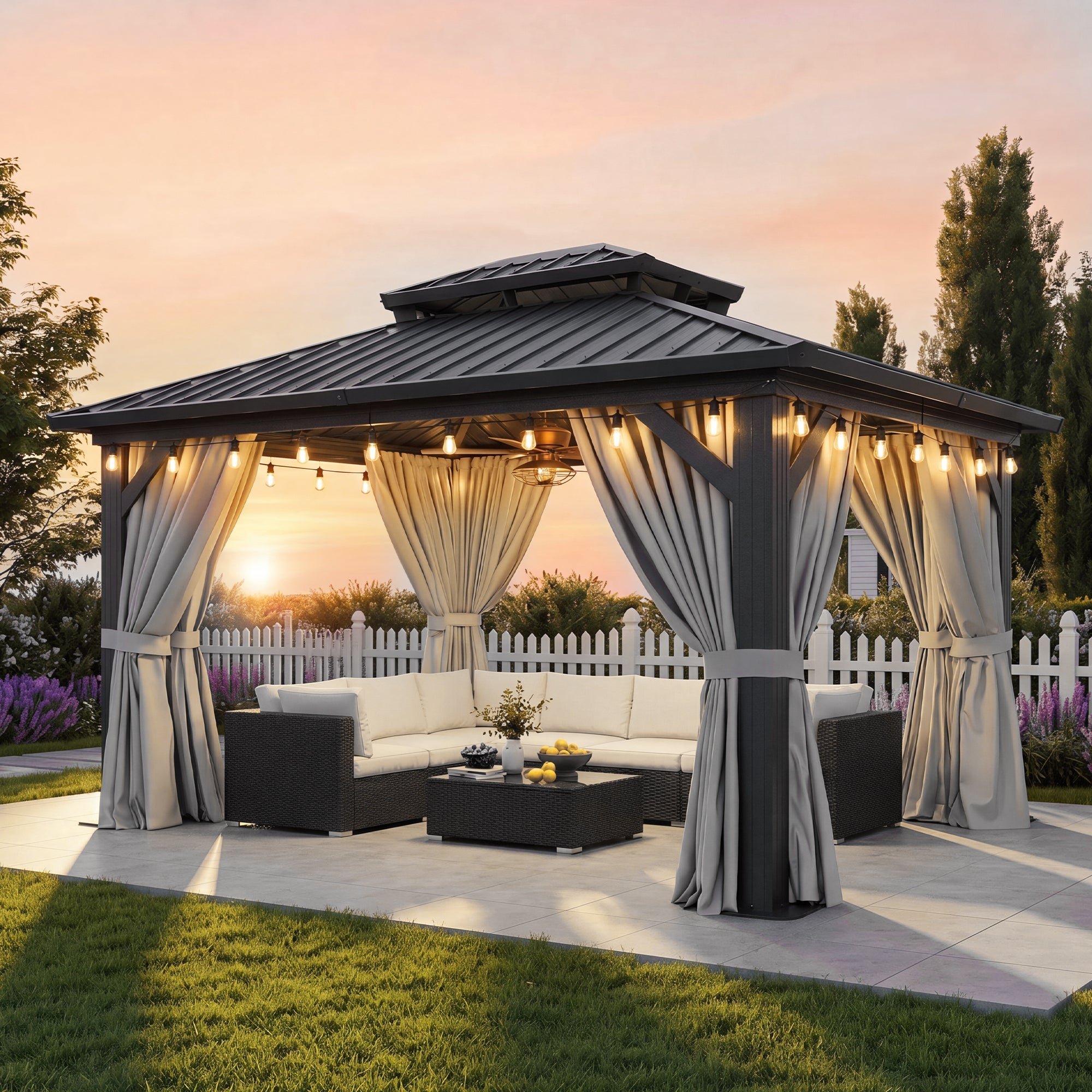 Aoxun 10'x12' Hardtop Gazebo with Handing Lights, Outdoor Gazebo with Galvanized Steel Double Roof, Patio Gazebo with Breathable Netting & Privacy Curtain, Decor Hooks for Backyard, Gray