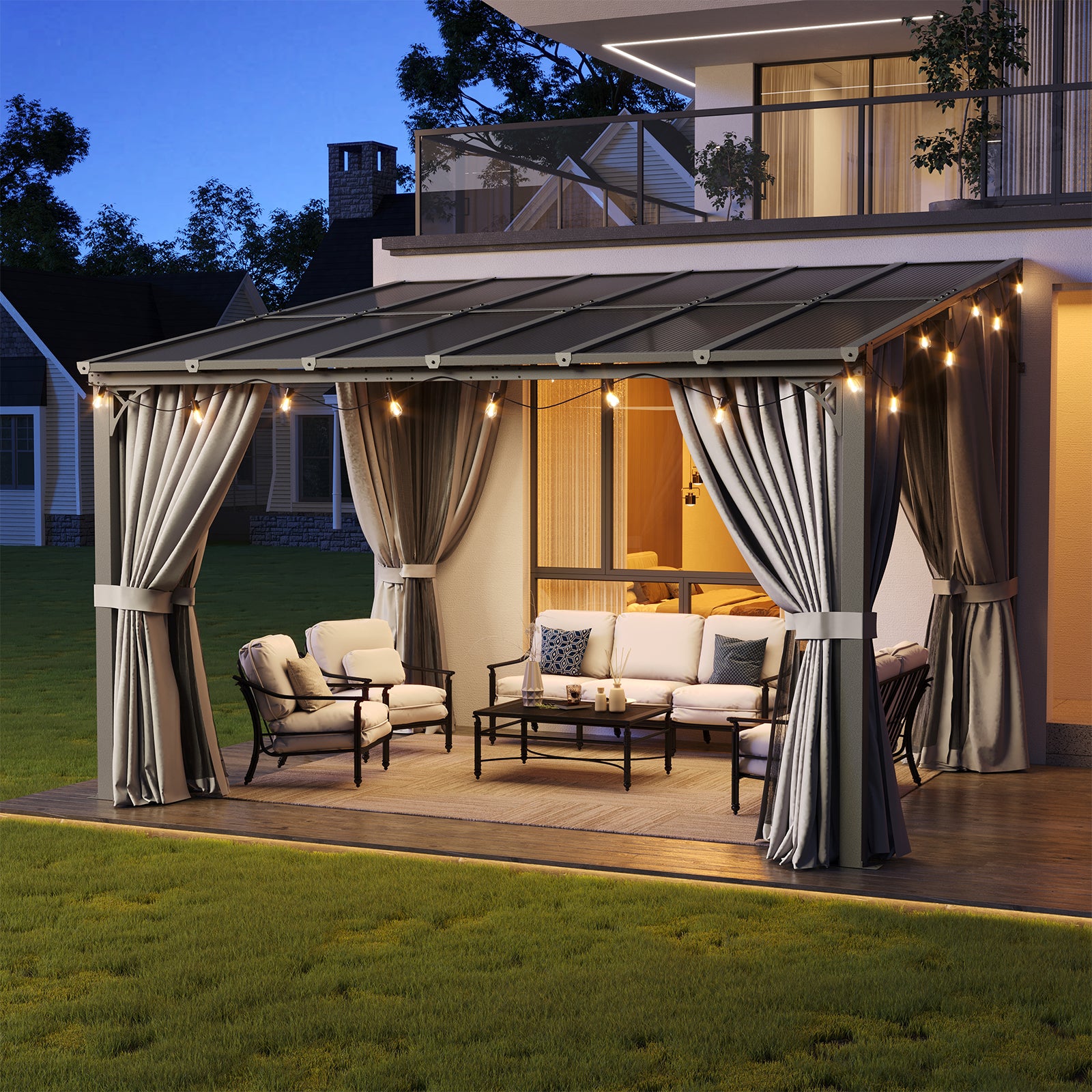 Aoxun 10'x12' Lean to Gazebo with Mosquito Net and Curtains, Aluminum Frame, Polycarbonate Panel, Wall Mounted Pergola with Sloped Roof for Backyard, Porch, Deck, Gray