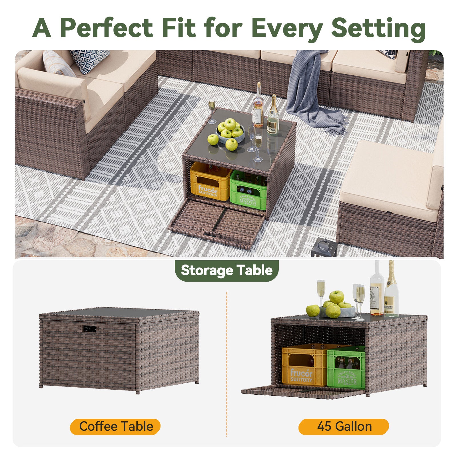 Aoxun 7 Piece Patio Furniture Set, All-Weather Wicker Outdoor Furniture 6 Seats Patio Conversation Sets with Storage Coffee Table, Outdoor Sectional Sofas for Backyard Garden(Brown/Khaki)