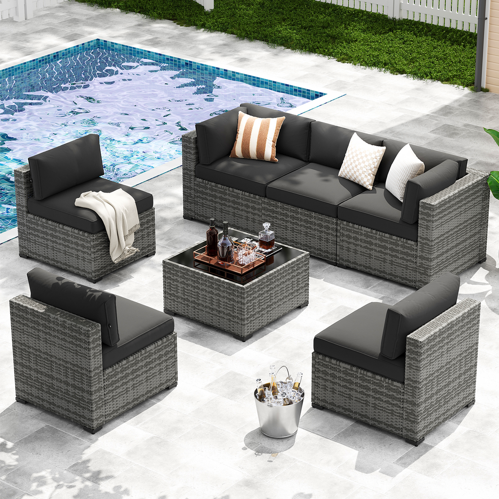LazySunsets 7-Piece Patio Furniture Set, Wicker Rattan Outdoor Furniture with Thick Cushions, Patio Conversation Sets with Coffee Table, Outdoor Sectional Couch Sofa with Waterproof Cover