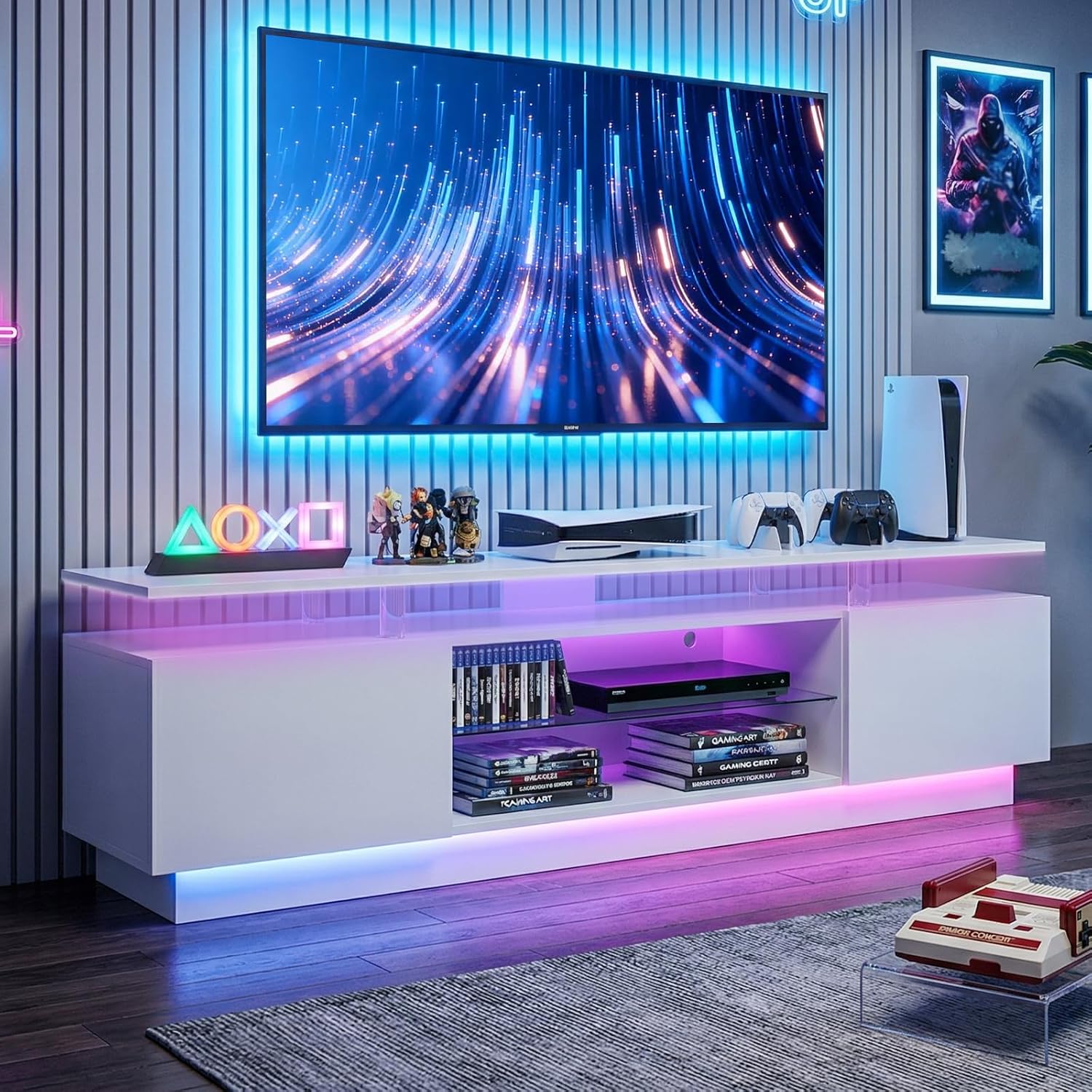 Breezestival 70 Inch High-Glossy TV Stand with 2 Side Cabinets, Modern Stylish TV Console with 3 Layer LED Lights,Modern Entertainment Center with Adjustable Glass Shelf, Remote&APP Control, White