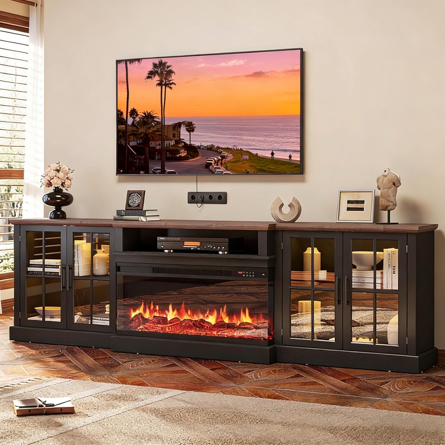 Breezestival 98" Farmhouse TV Stand with 36" Fireplace for Living Room,Media Entertainment Center with Adjustable Shelves and Large Storage Cabinets, TVs up to 100", Black