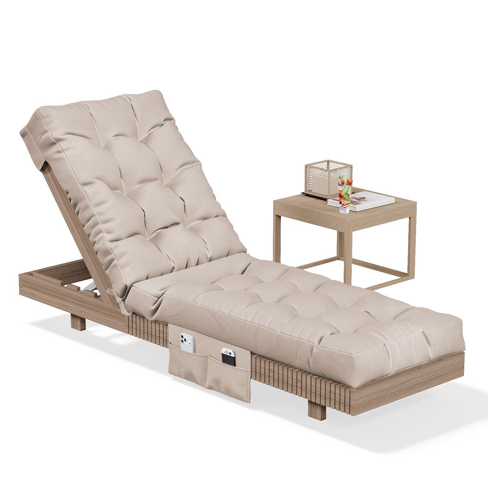 Aoxun Outdoor Chaise Lounge Cushions with Storage Pocket, Waterproof Replacement Patio Lounge Chair Cushion with Ties, Thick Pool Lounger Chair Cushions for Outdoor Furniture