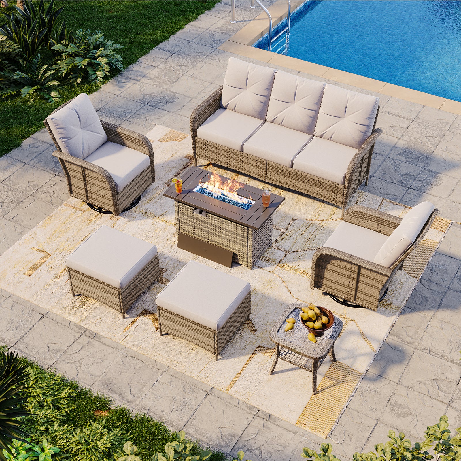 Aoxun Patio Furniture Set, Wicker Rattan Outdoor Sectional Sofa with High Back Swivel Rocker Chairs, Outdoor Patio Furniture Set